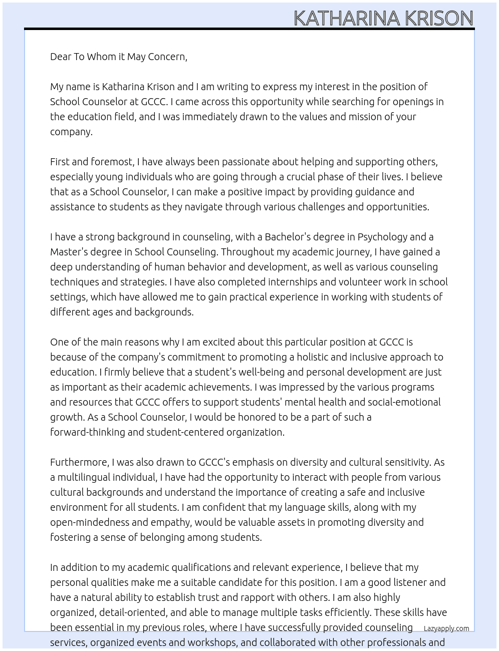 School Counselor At GCCC Cover Letter