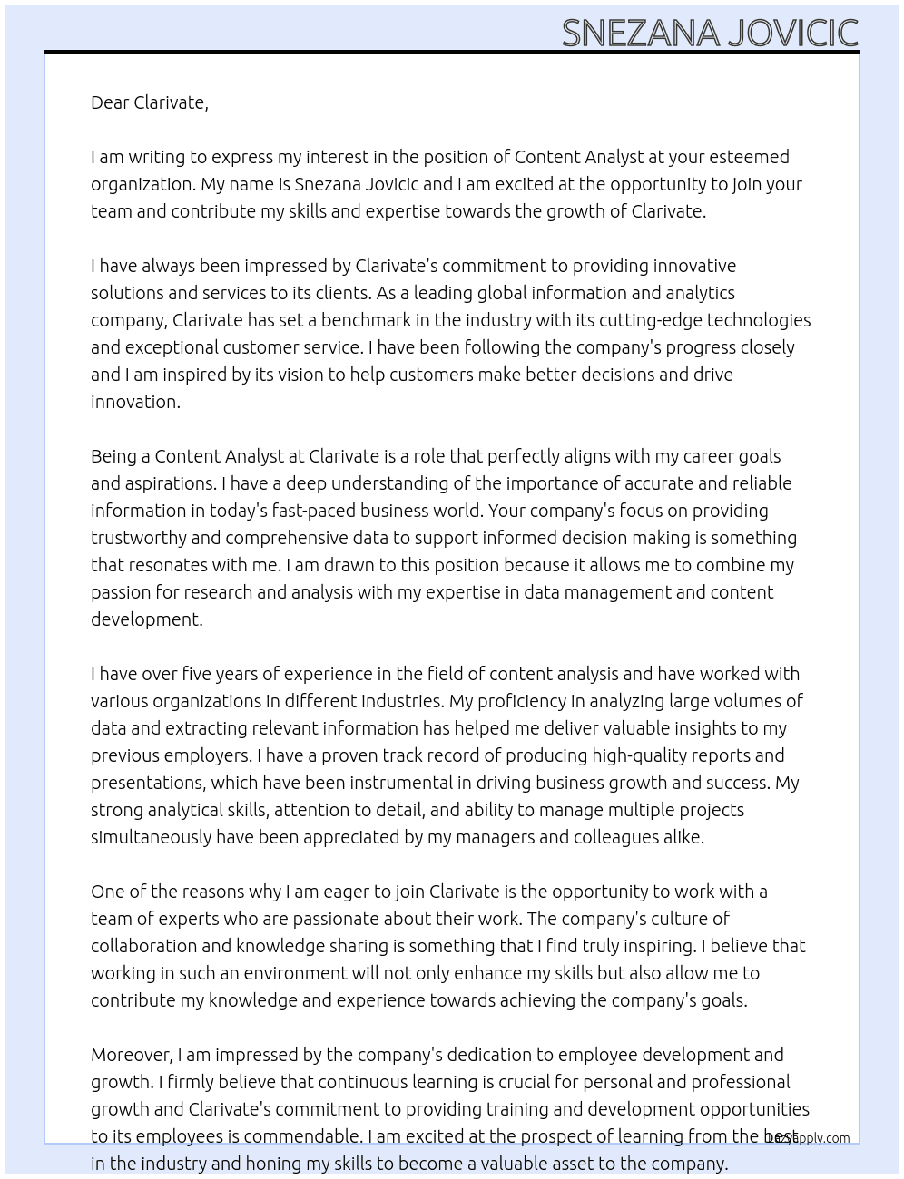 Content Analyst At Clarivate Cover Letter
