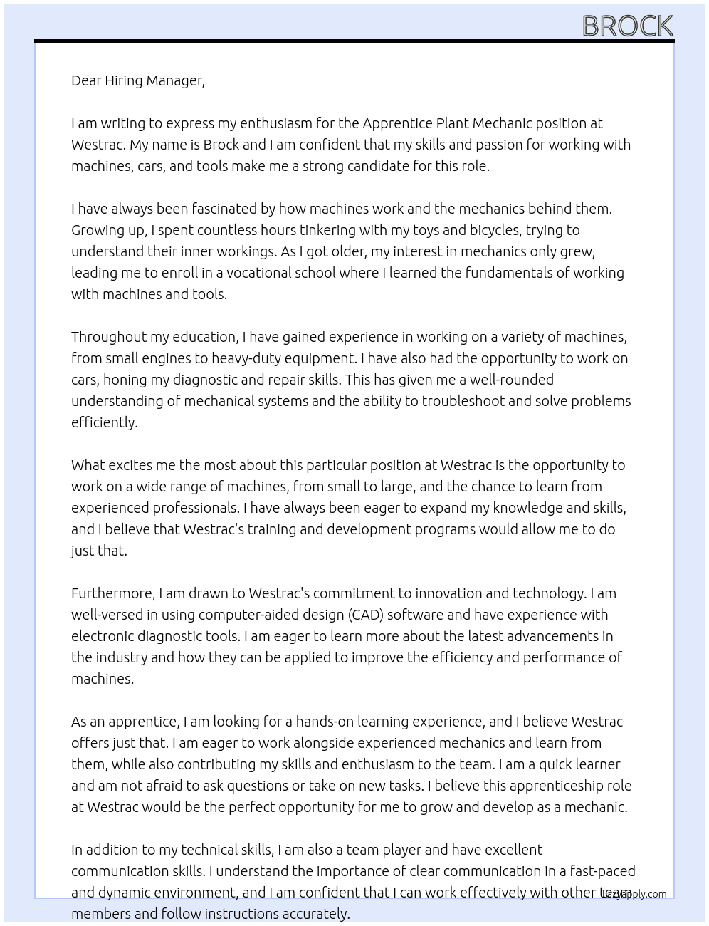 Apprentice plant mechanic  At Westrac Cover Letter