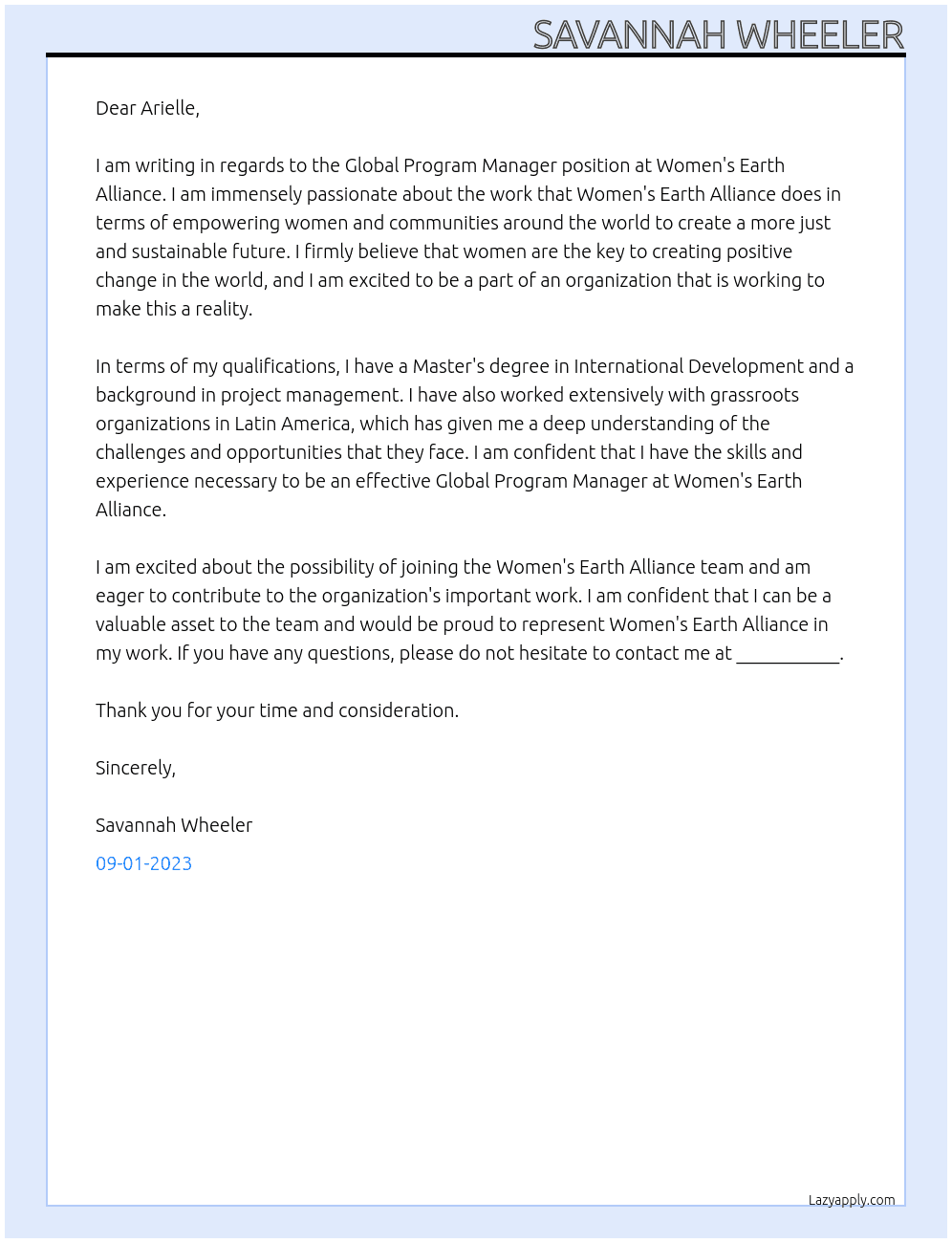Global Program Manager At Women's Earth Alliance Cover Letter
