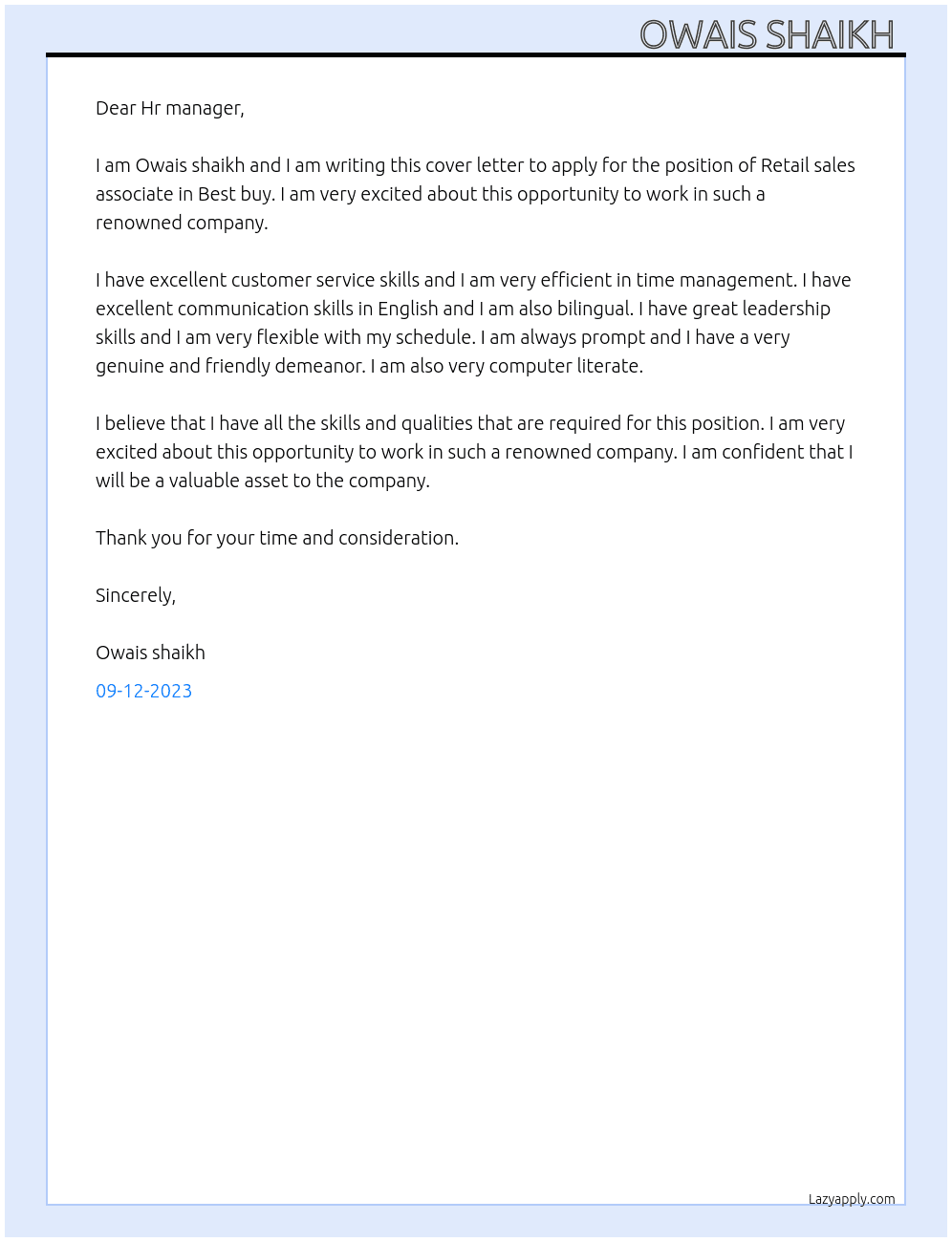 Retail sales associate  At Best buy Cover Letter