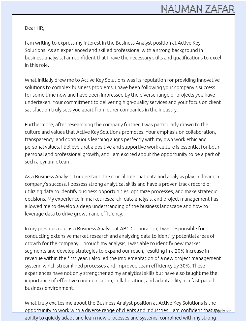 Business Analyst At Active key solutions Cover Letter