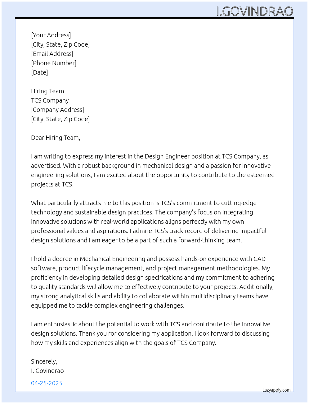 Design engineer  At TCS company  Cover Letter