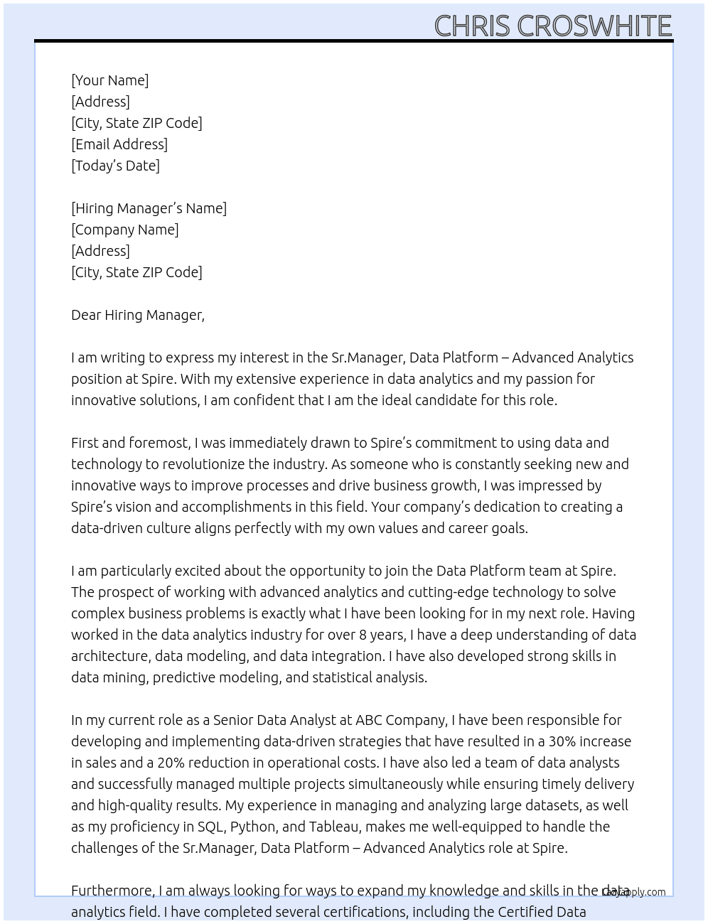 Sr.Manager, Data Platform – Advanced Analytics At Spire Cover Letter