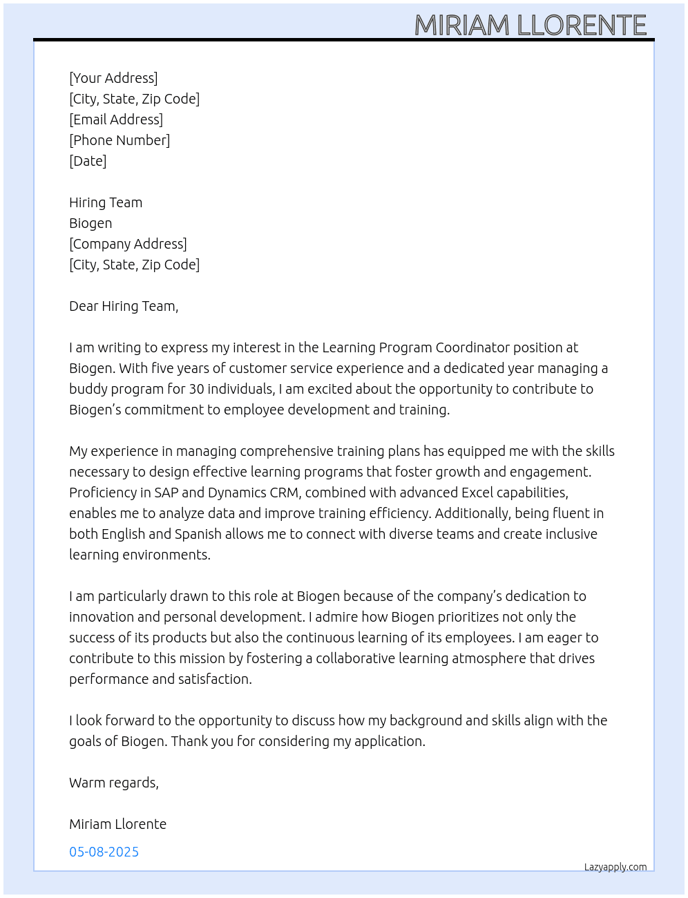 Learning Program Coordinator At Biogen  Cover Letter
