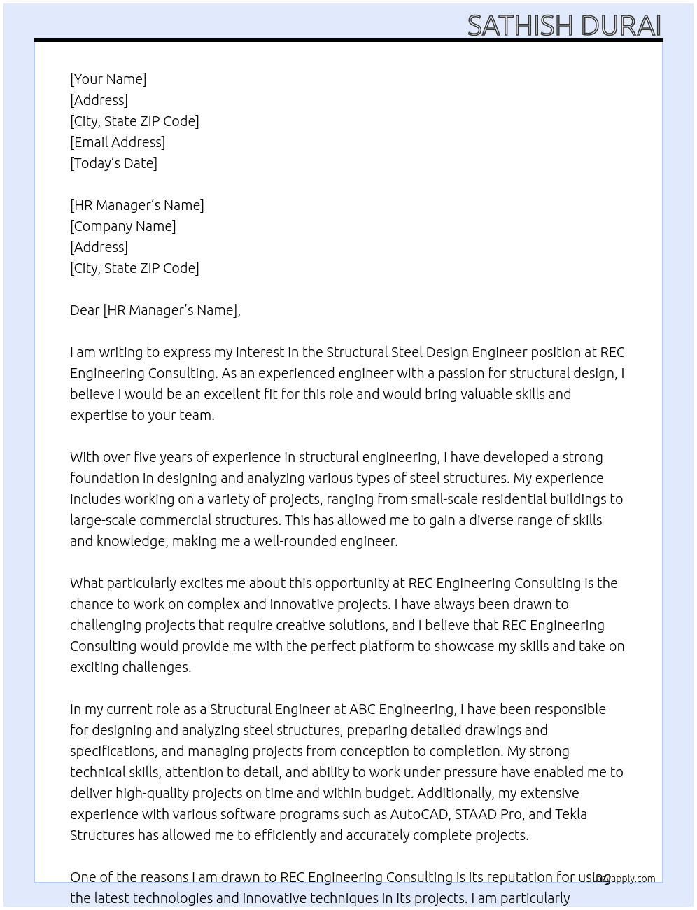 Structural steel design engineer  At REC engineering Consulting Cover Letter