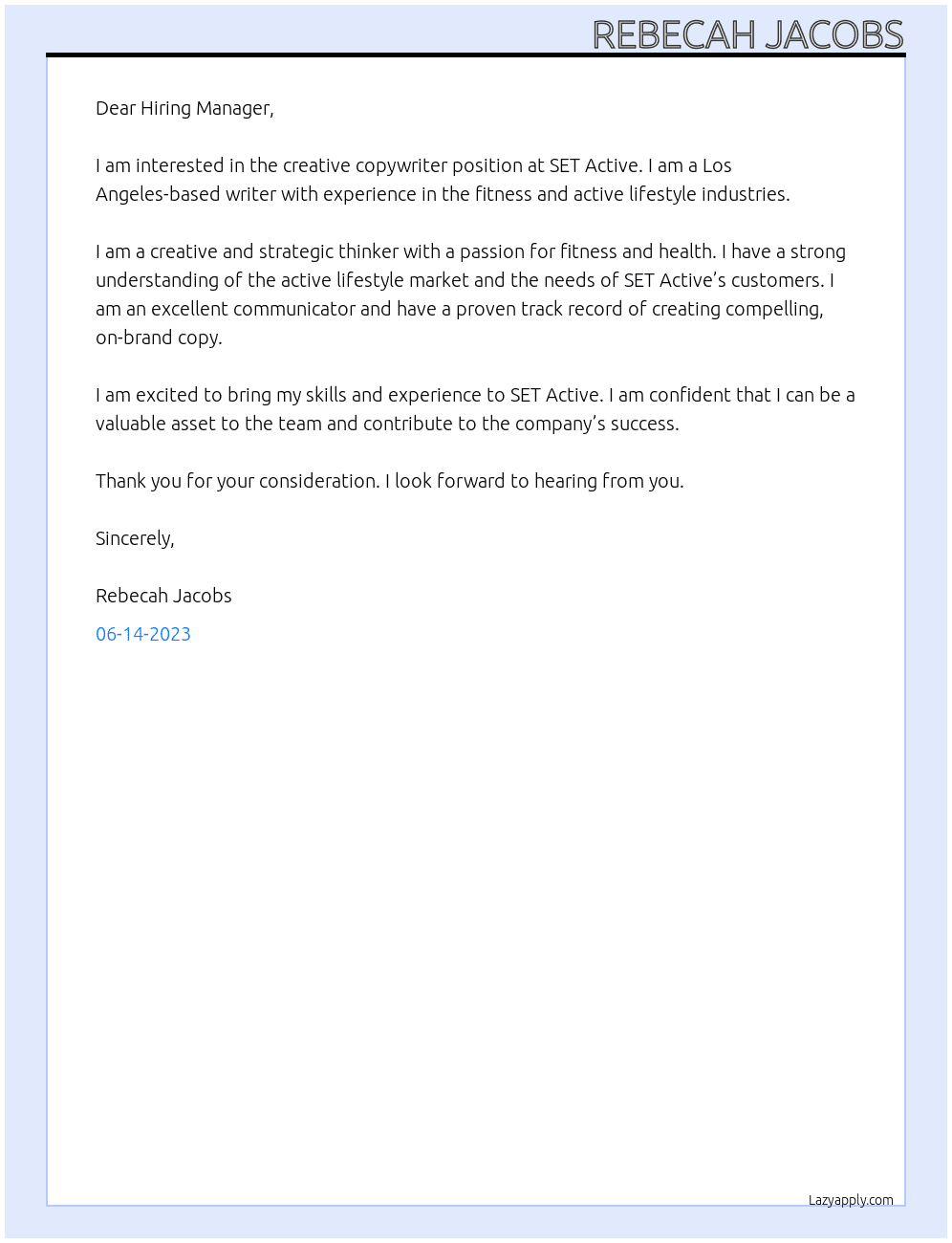 creative copywriter At SET Active Cover Letter