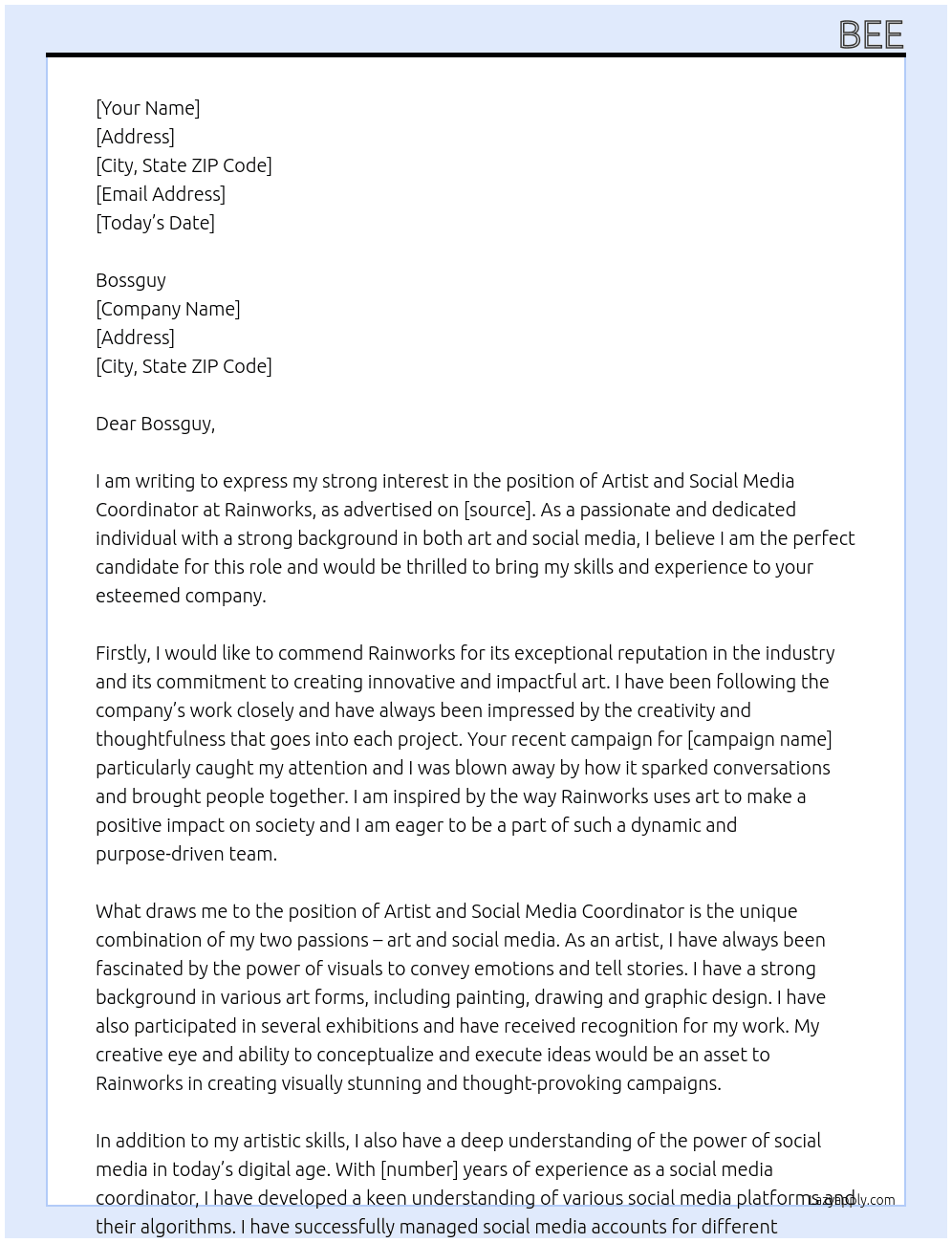 Artist and social media coordinator  At Rainworks Cover Letter