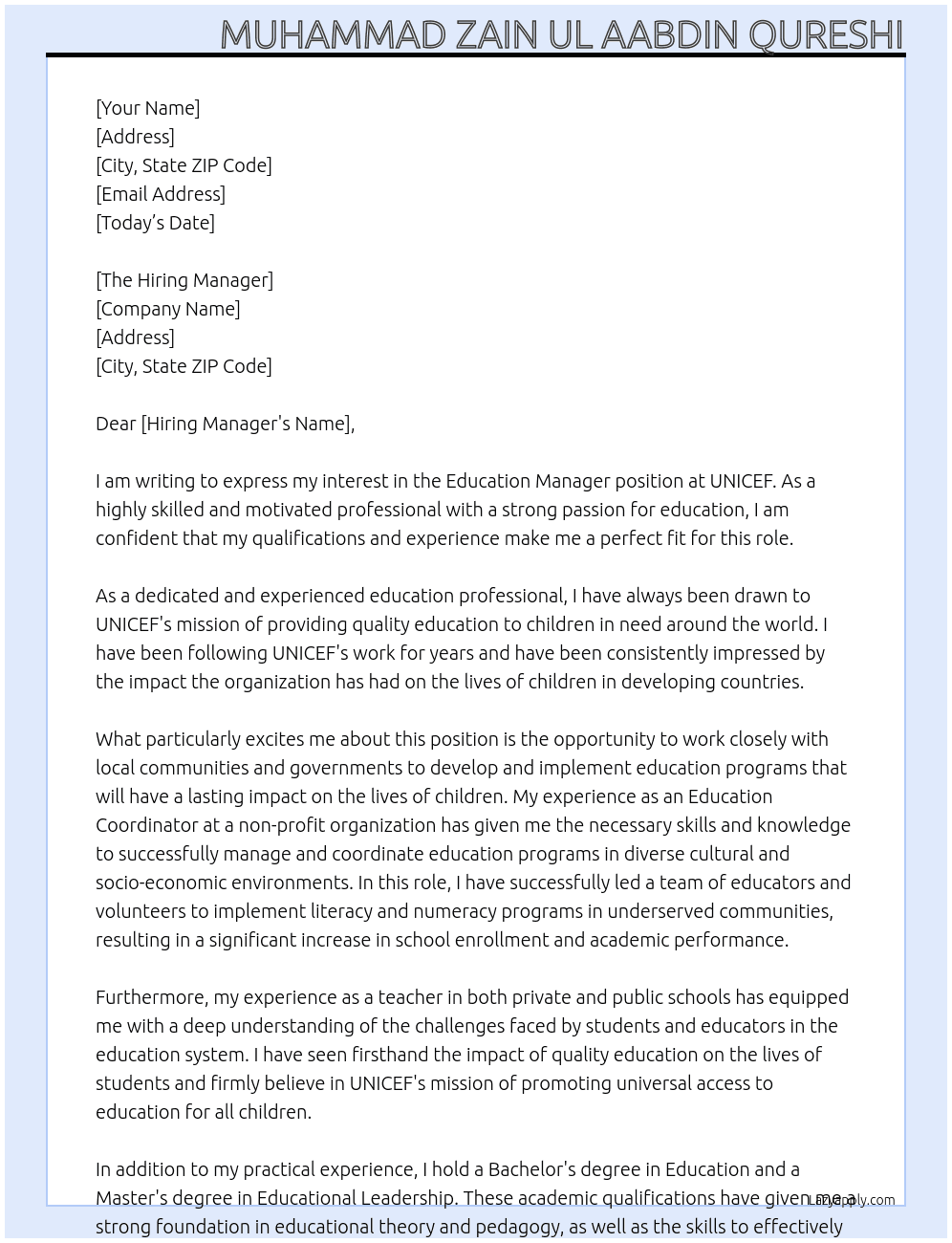 Education Manager At UNICEF Cover Letter