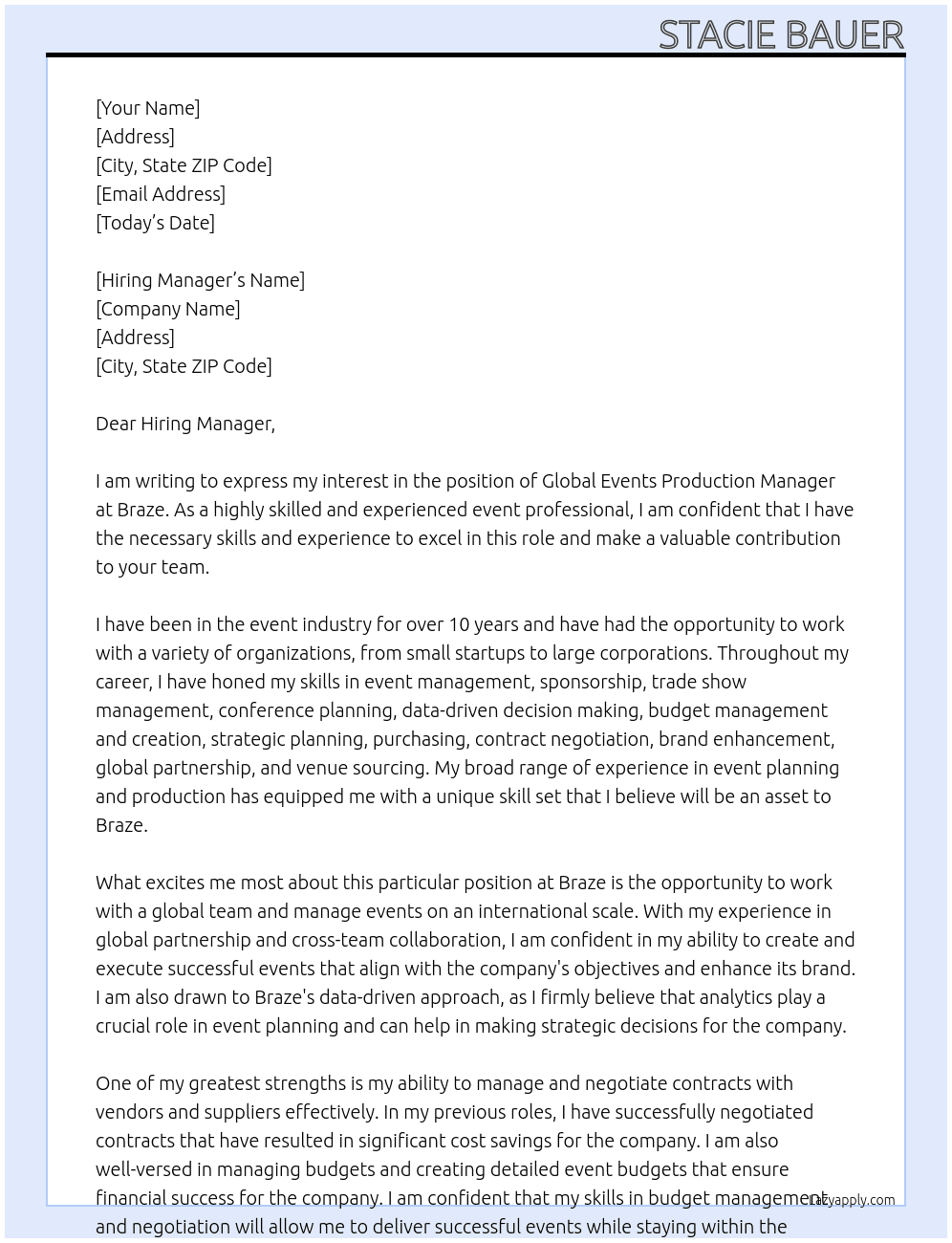 Global Events Production Manager At Braze Cover Letter