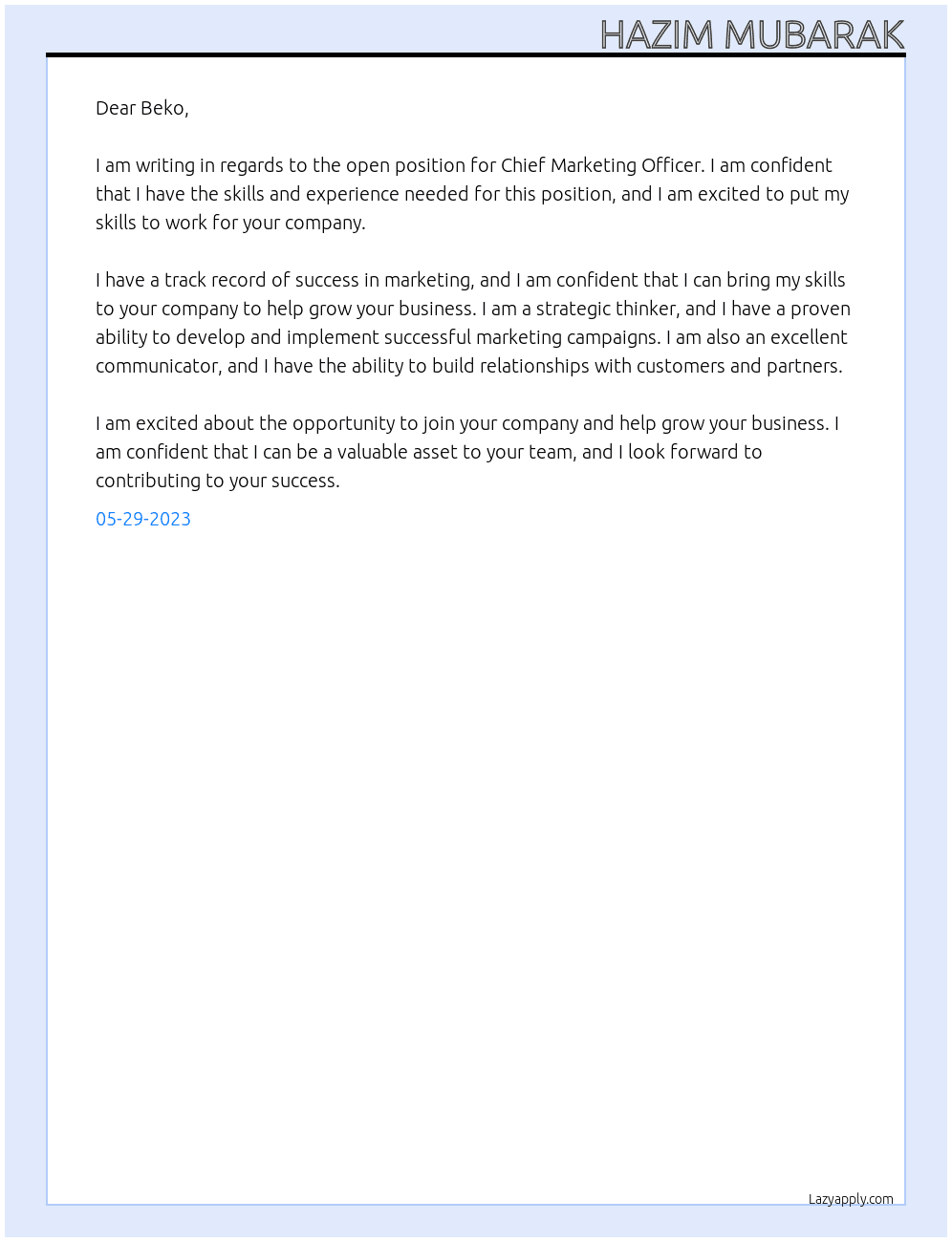 chief marketing officer  At beko Cover Letter