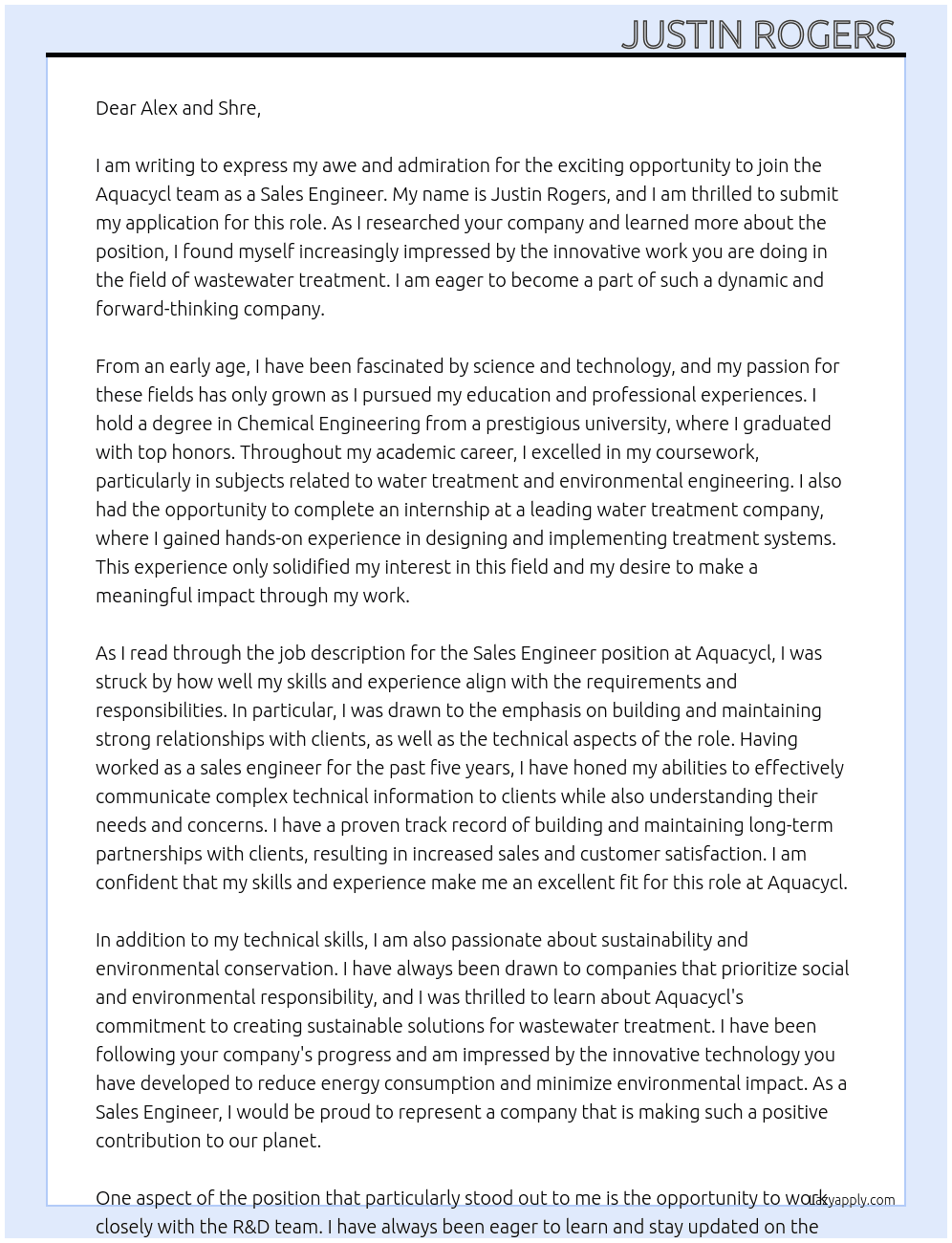 Sales Engineer At Aquacycl Cover Letter