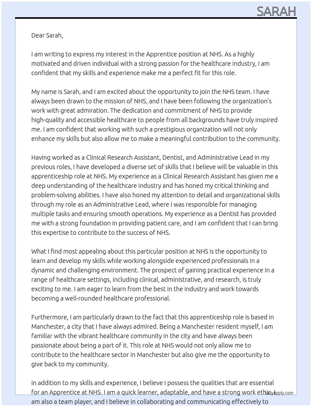 Apprentice At NHS Cover Letter