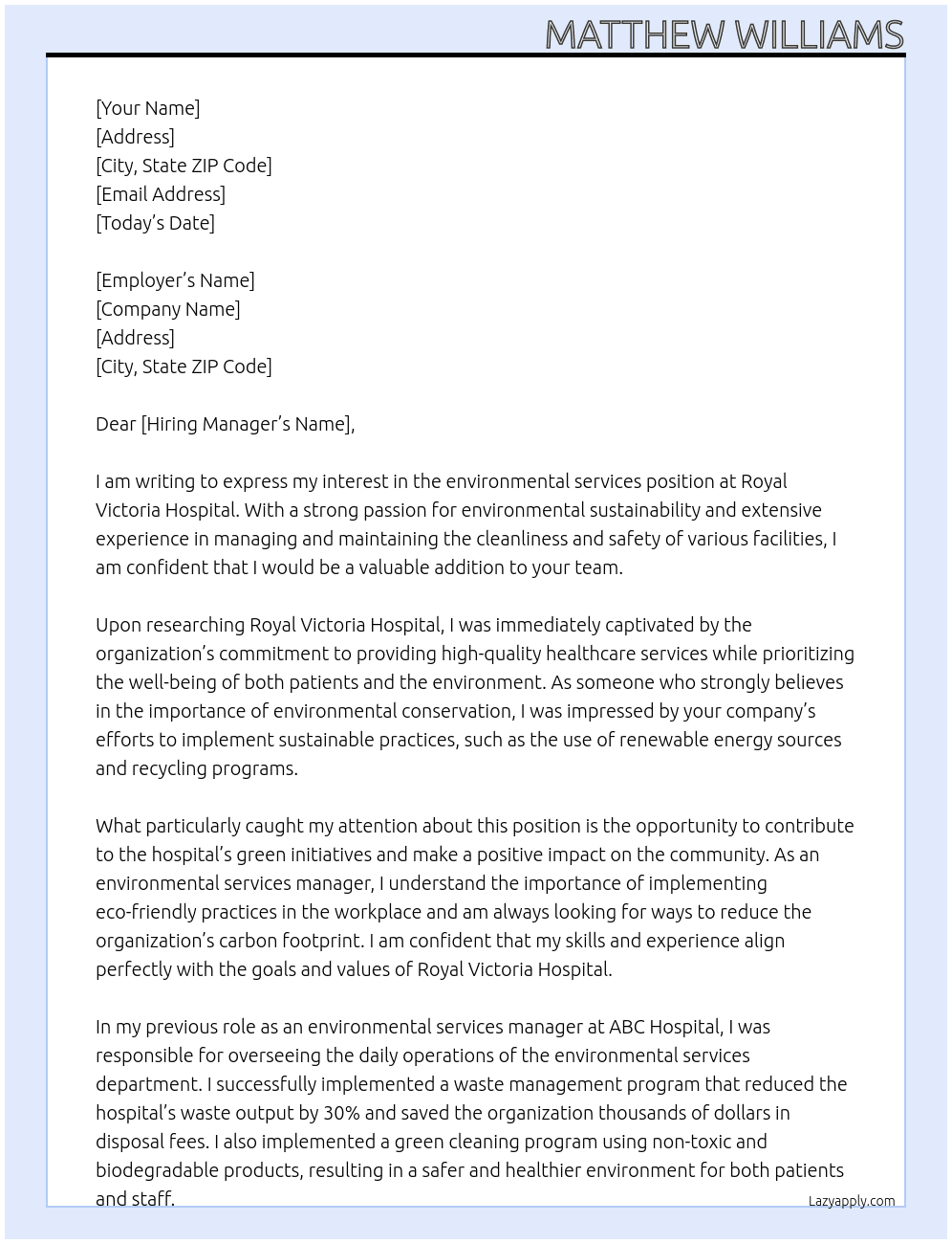 environmental services At royal victoria hospital  Cover Letter