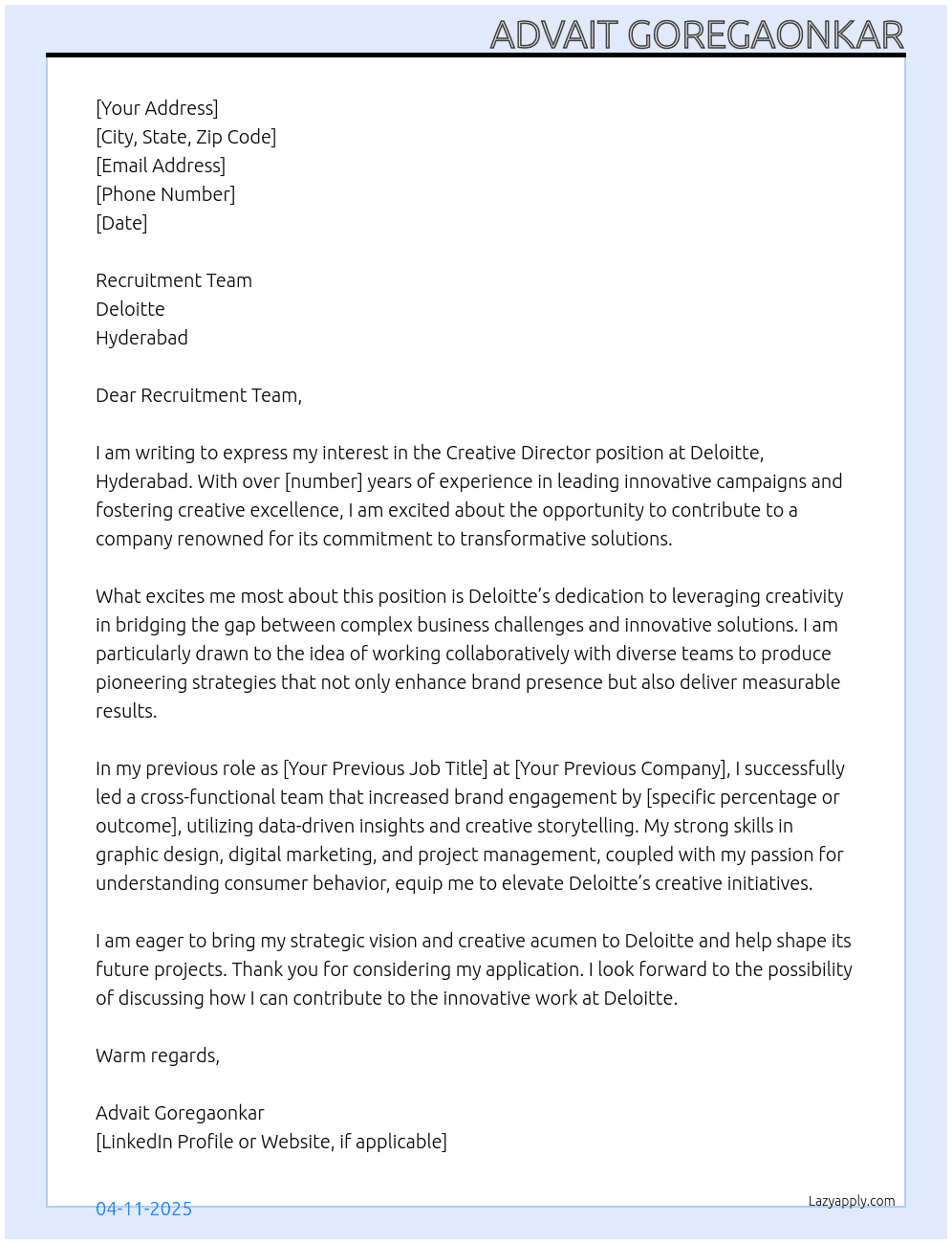 Creative Director At Deloitte, hyderabad Cover Letter