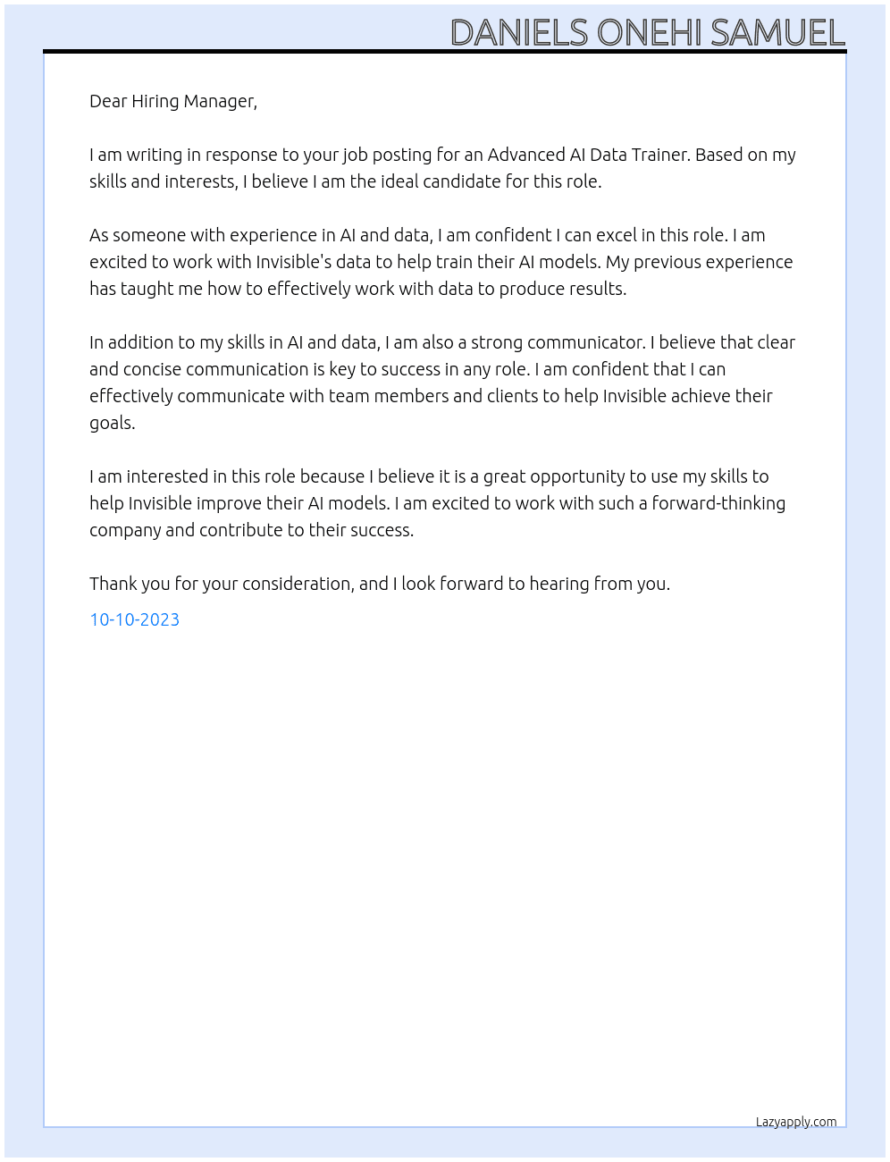 Advanced AI Data Trainer At invinsible Cover Letter