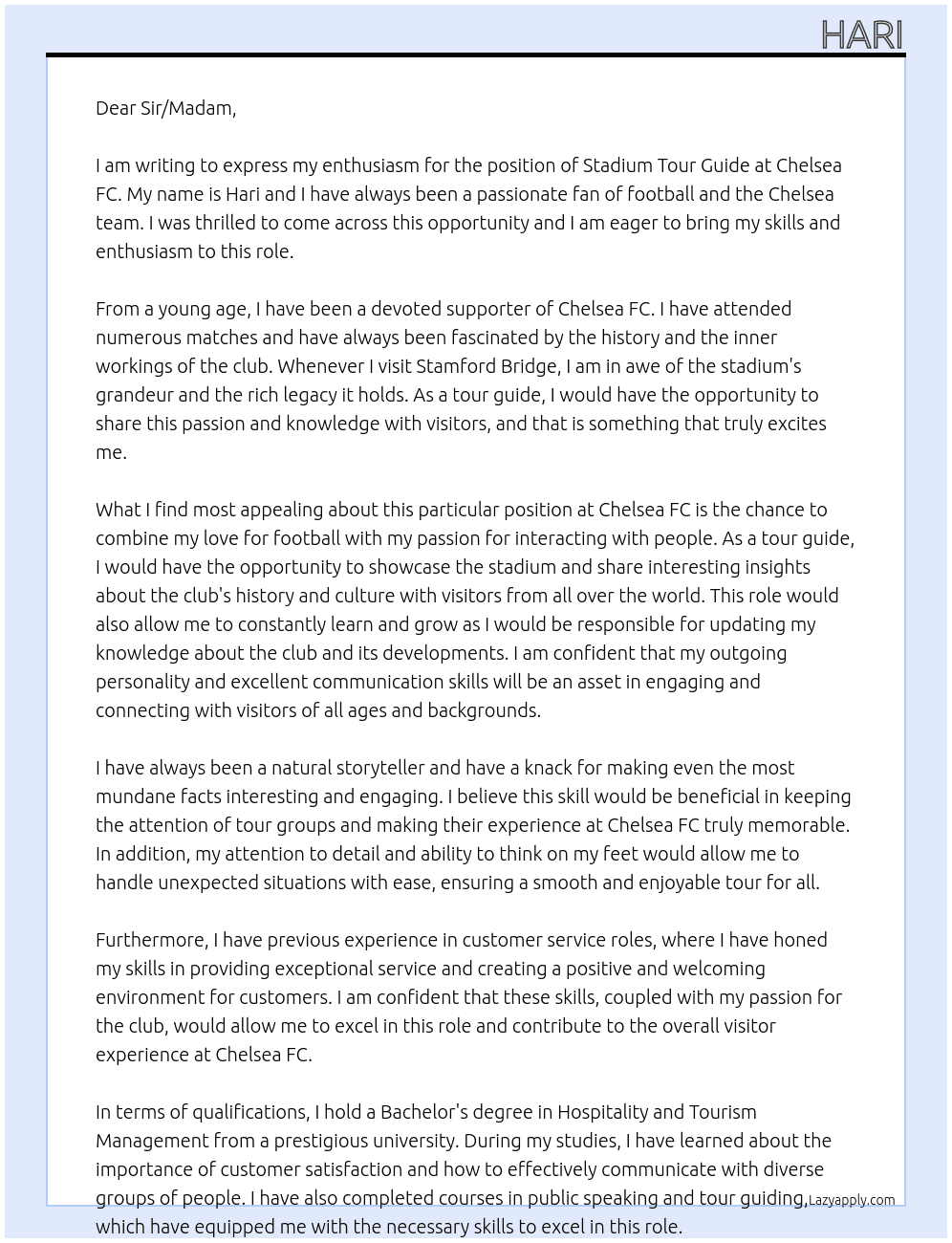 stadium tour guide At Chelsea FC Cover Letter