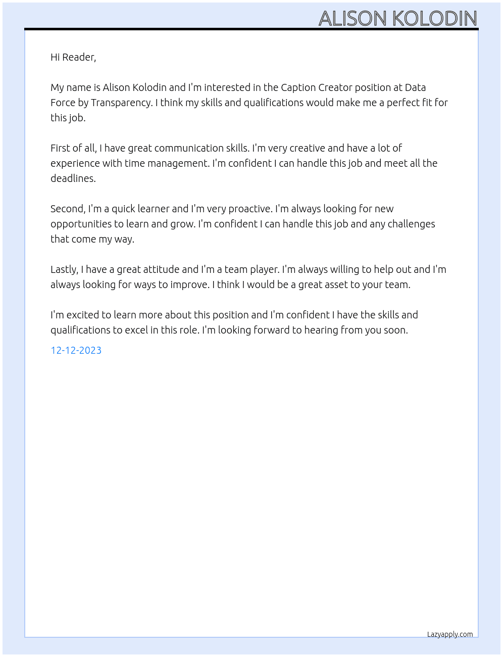 Caption Creator  At Data Force by Transparency  Cover Letter