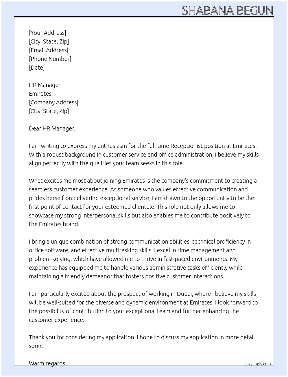 Receptionist At Emirates Cover Letter
