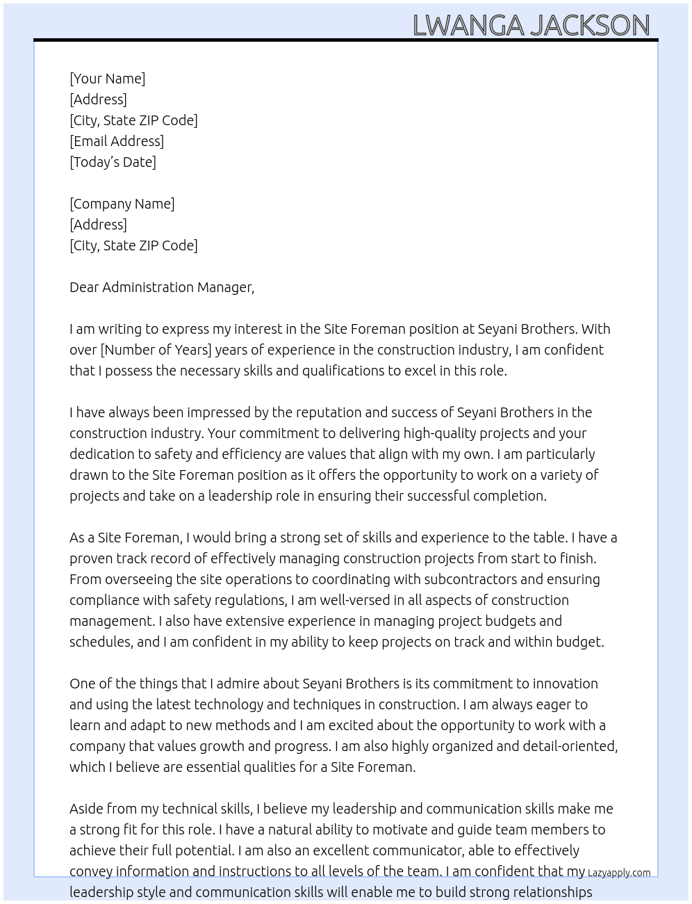 Site foreman At Seyani brothers  Cover Letter