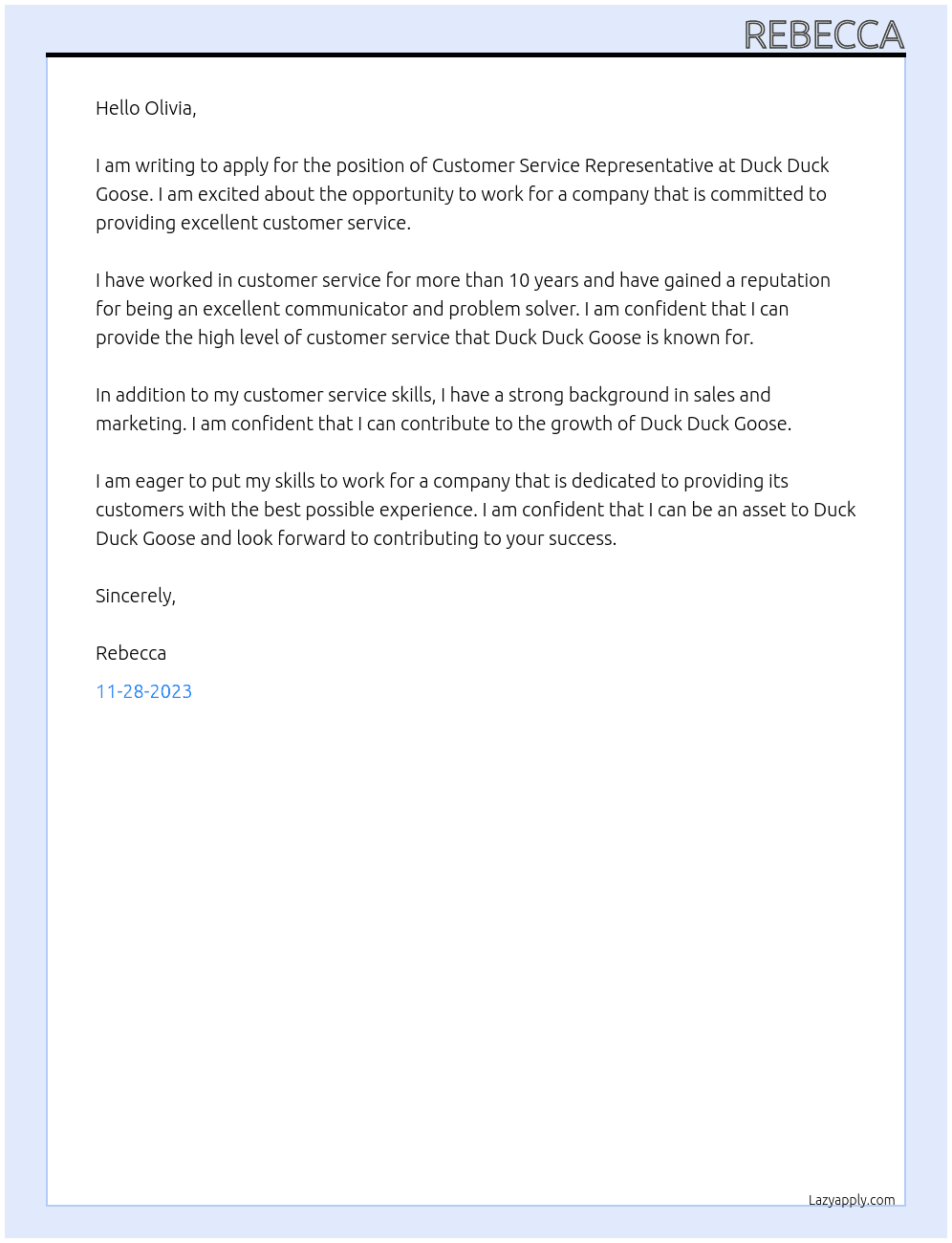 customer service representative At duck duck goose Cover Letter