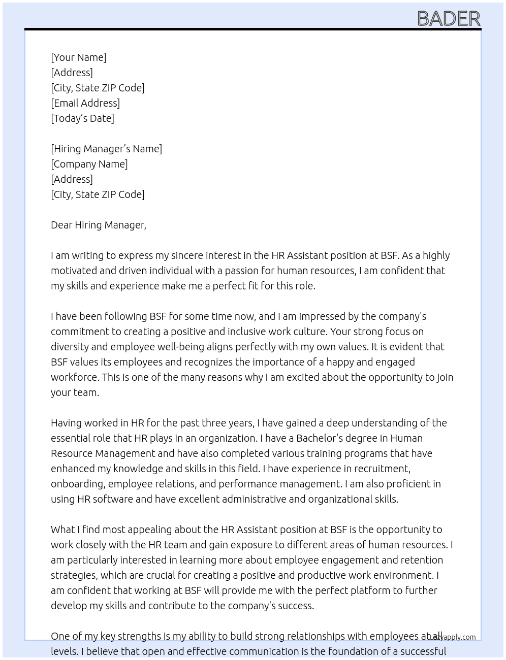 HR Assistant At BSF Cover Letter