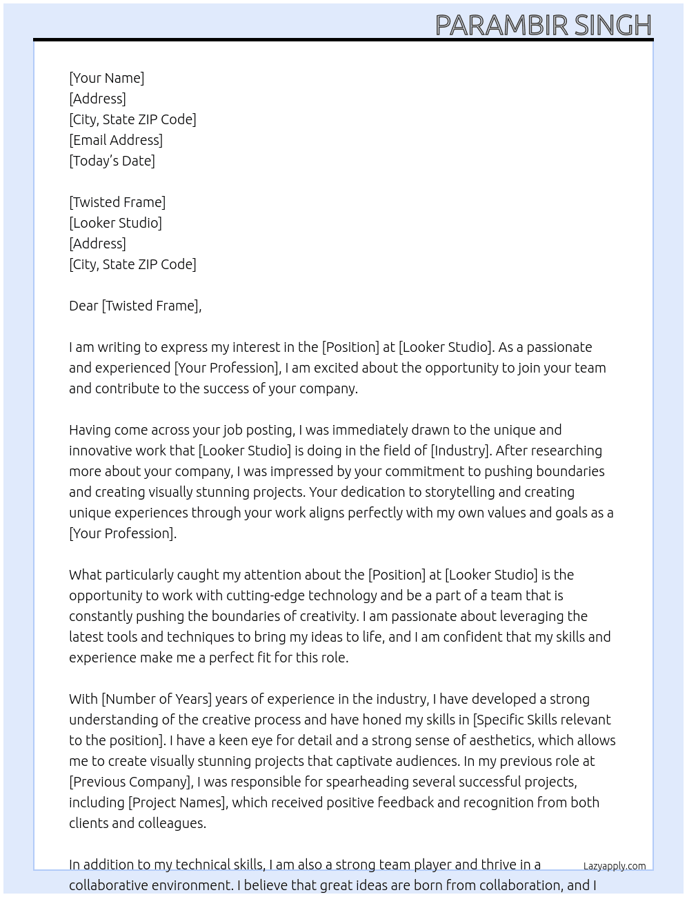 Looker Studio At Parambir Singh Cover Letter