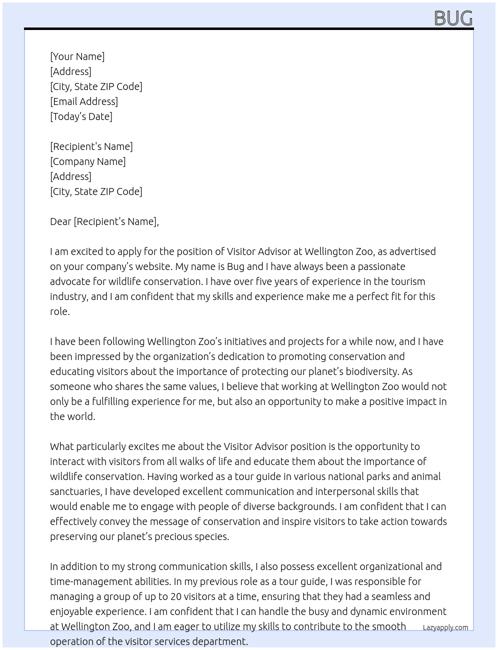 Visitor Advisor At Wellington Zoo Cover Letter