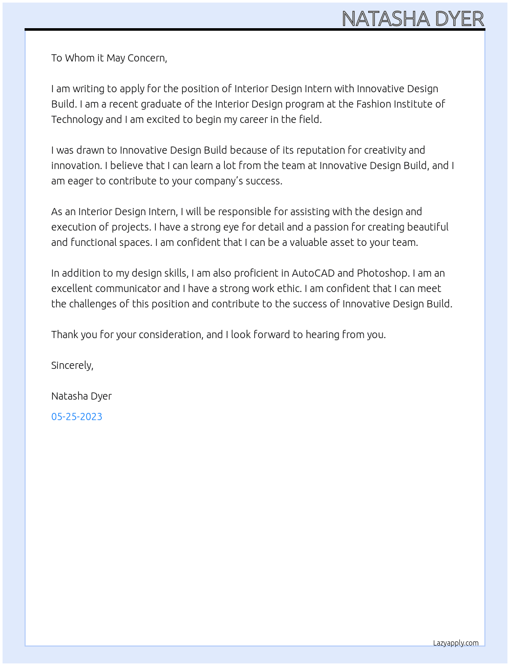 Interior Design Intern At Innovative Desiign Build Cover Letter