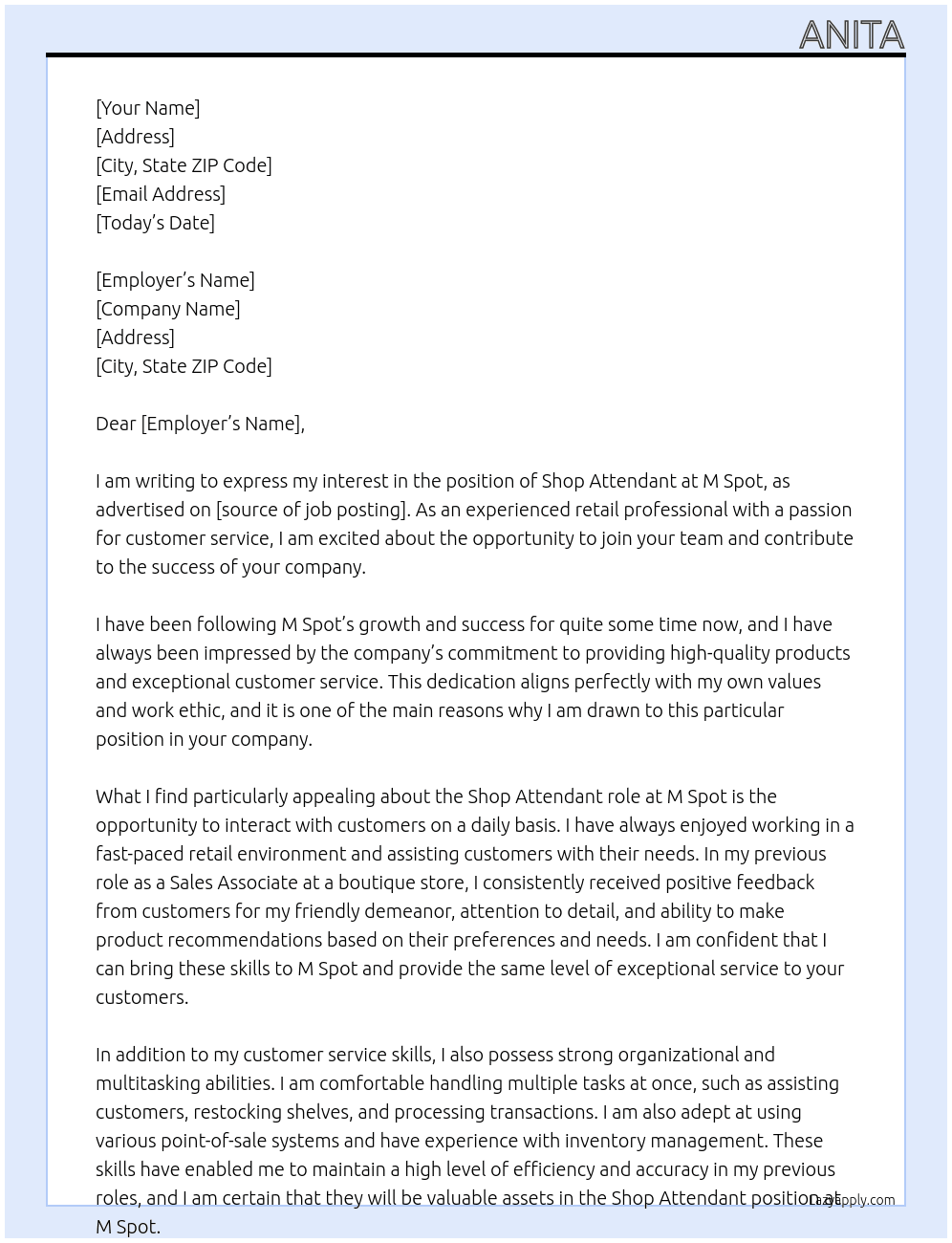 Shop Attendant  At M Spot Cover Letter