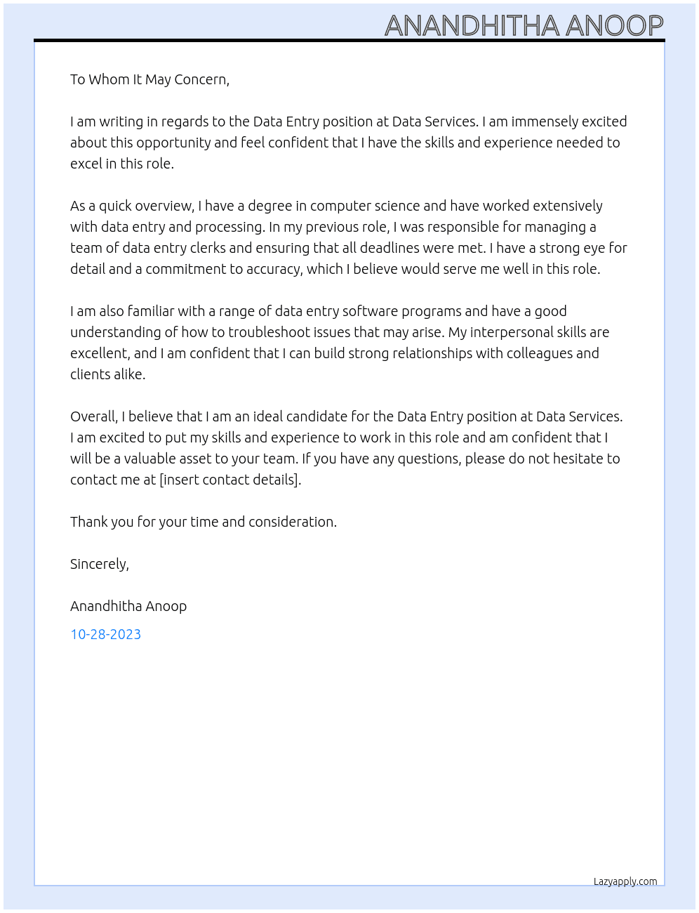 Data Entry At Data Services Cover Letter