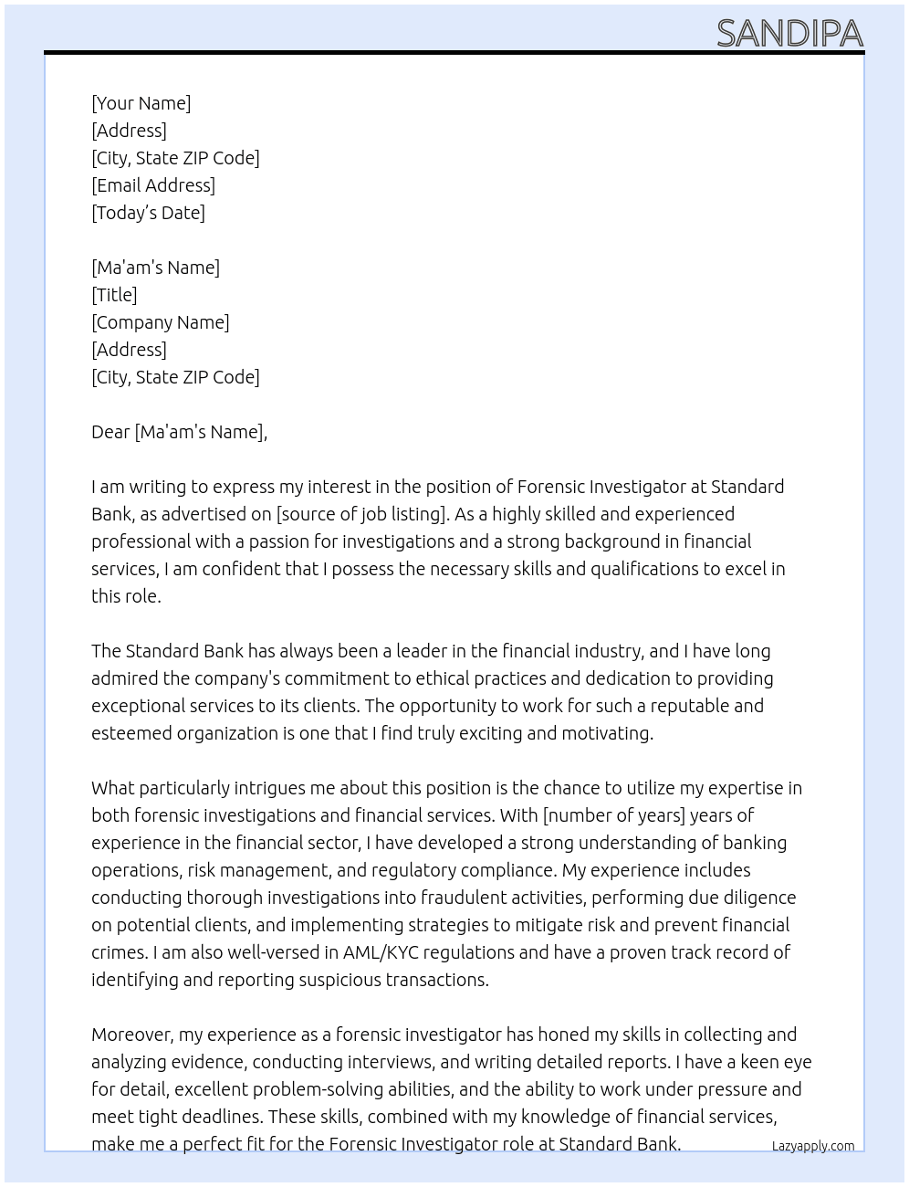 Forensic investigator At Standard bank Cover Letter
