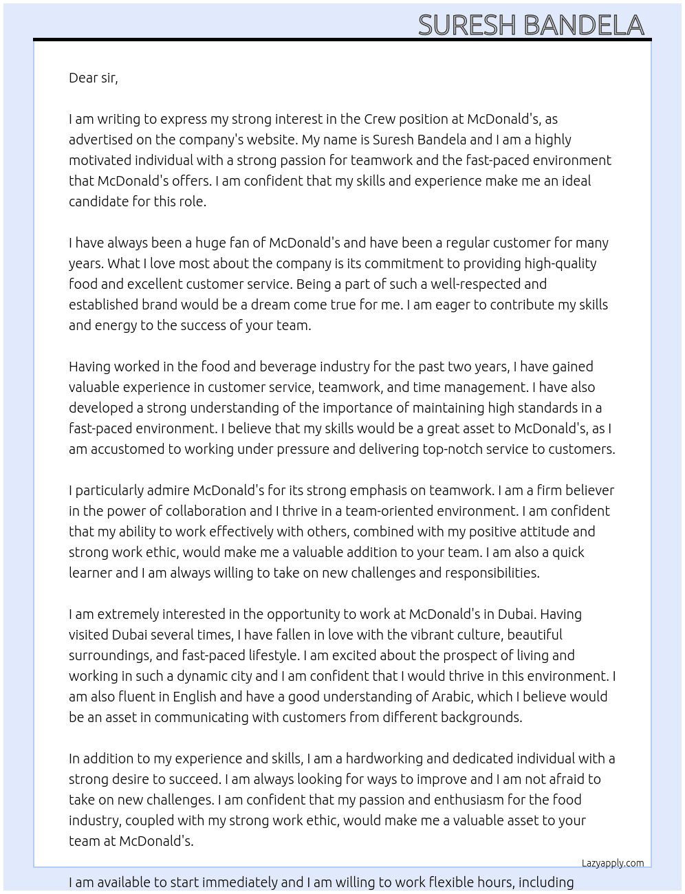 Crew  At Mcdonald's  Cover Letter