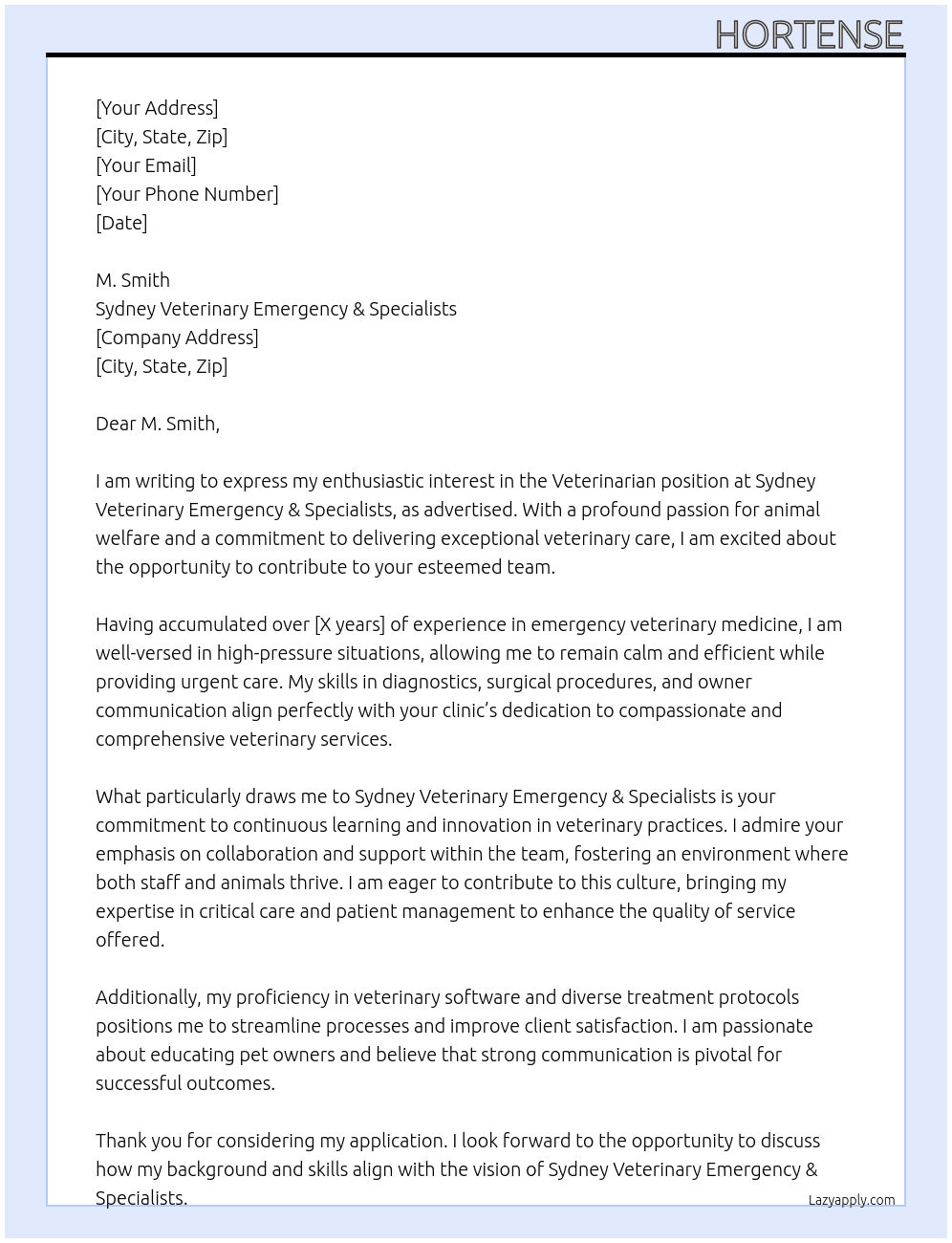 veterinarian At Sydney Veterinary Emergency & Specialists Cover Letter