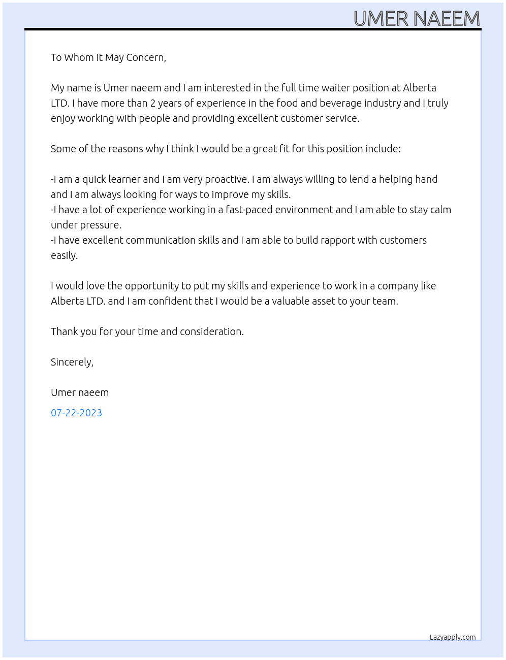 waiter At Alberta LTD Cover Letter