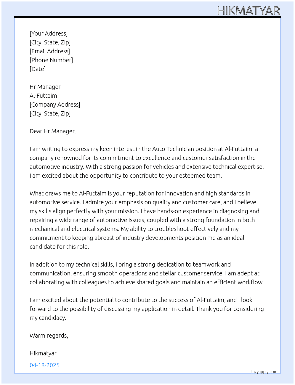 Auto technicion At Al-Futtaim Cover Letter