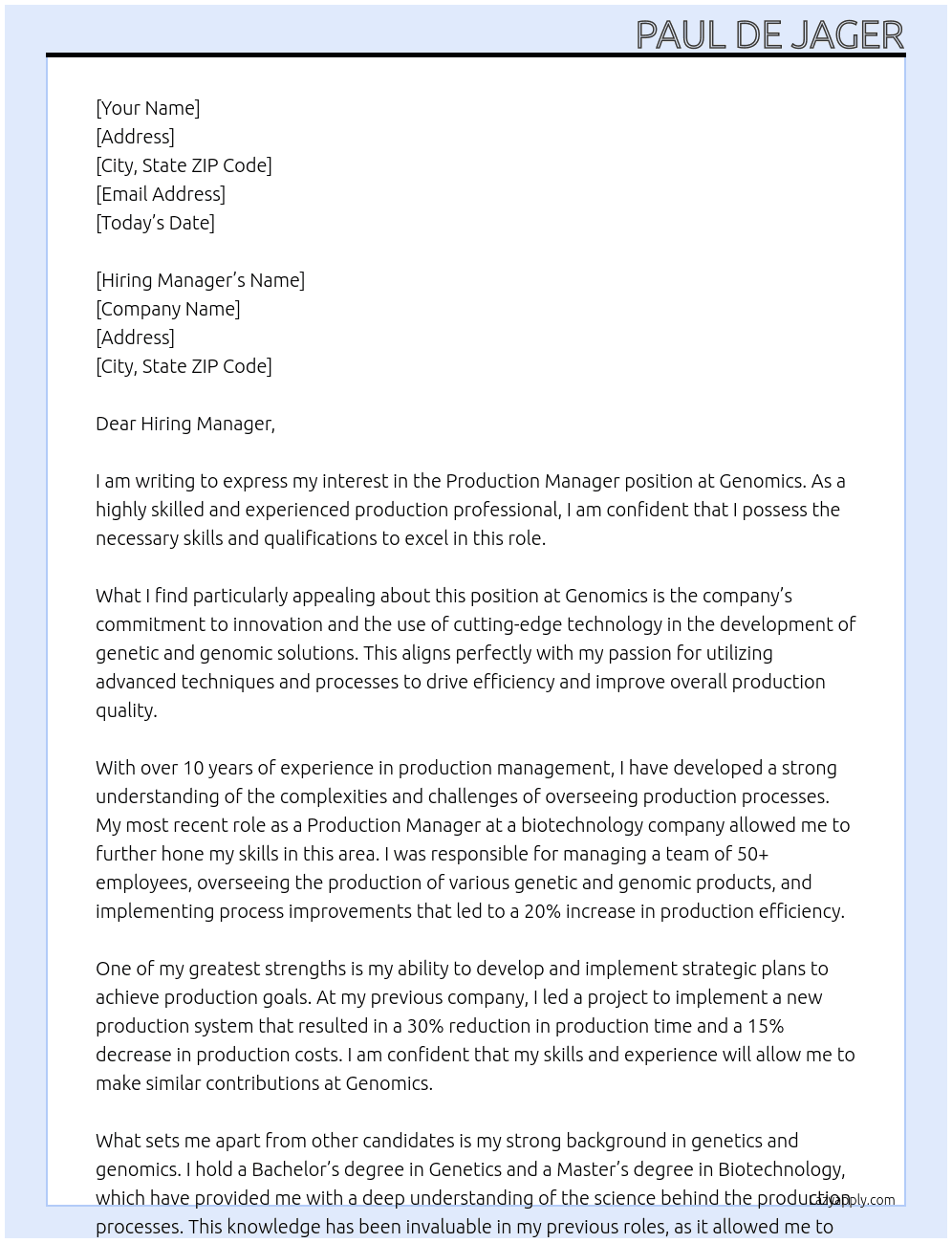 Production Manager At Genomics Cover Letter