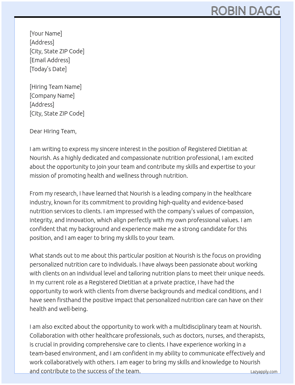 Registered Dietitian At Nourish Cover Letter