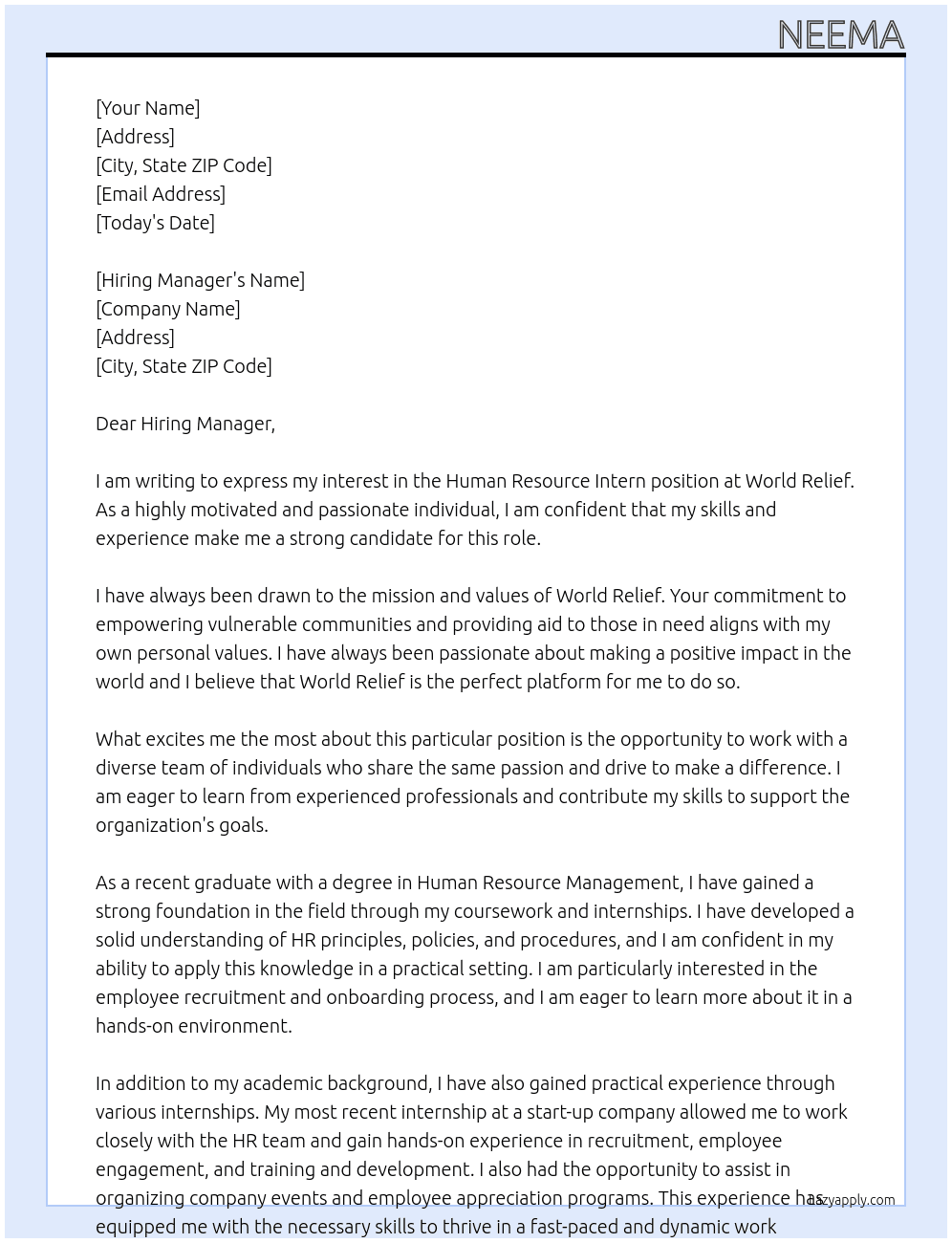 Human Resource Intern At World Relief Cover Letter
