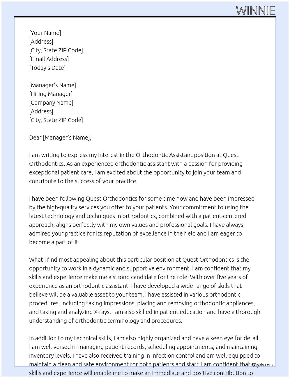 Orthodontic assistant  At Quest Orthodontics  Cover Letter