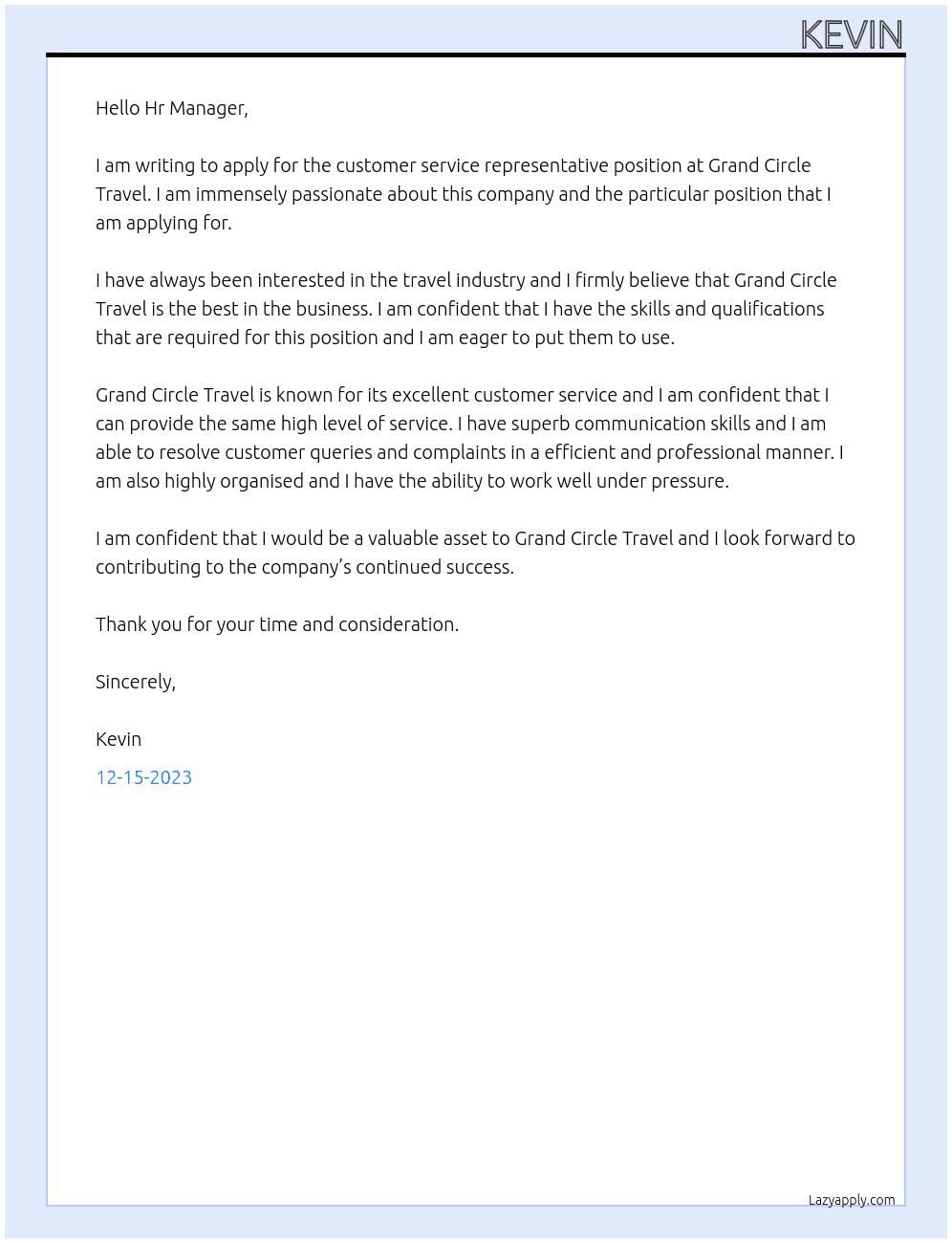 customer service representative At Grand Circle Travel Cover Letter