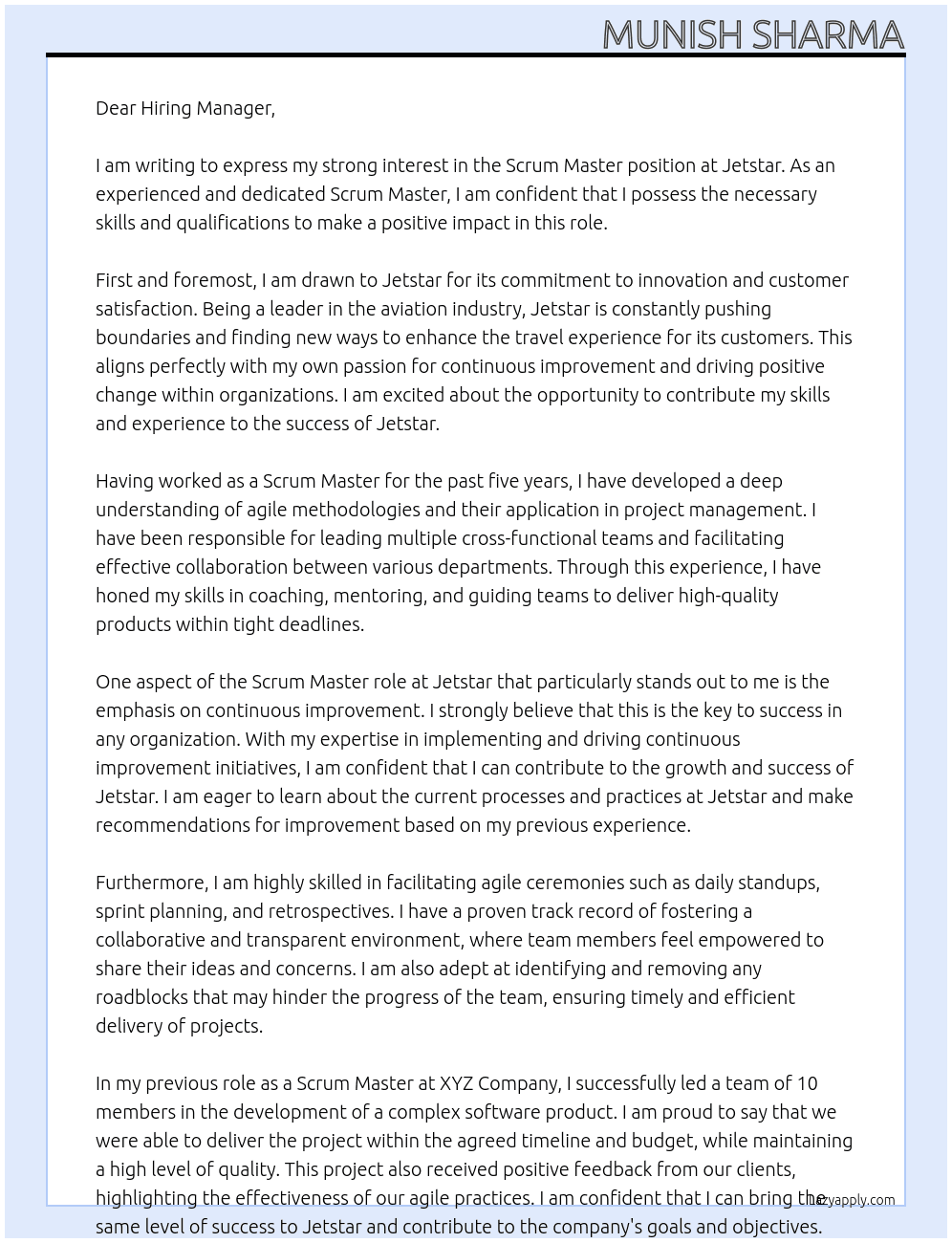 Scrum Master At Jetstar Cover Letter