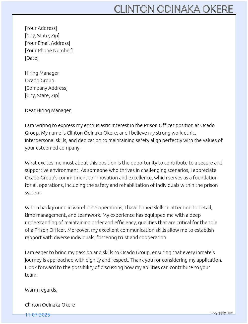 Prison officer  At Ocado Group  Cover Letter