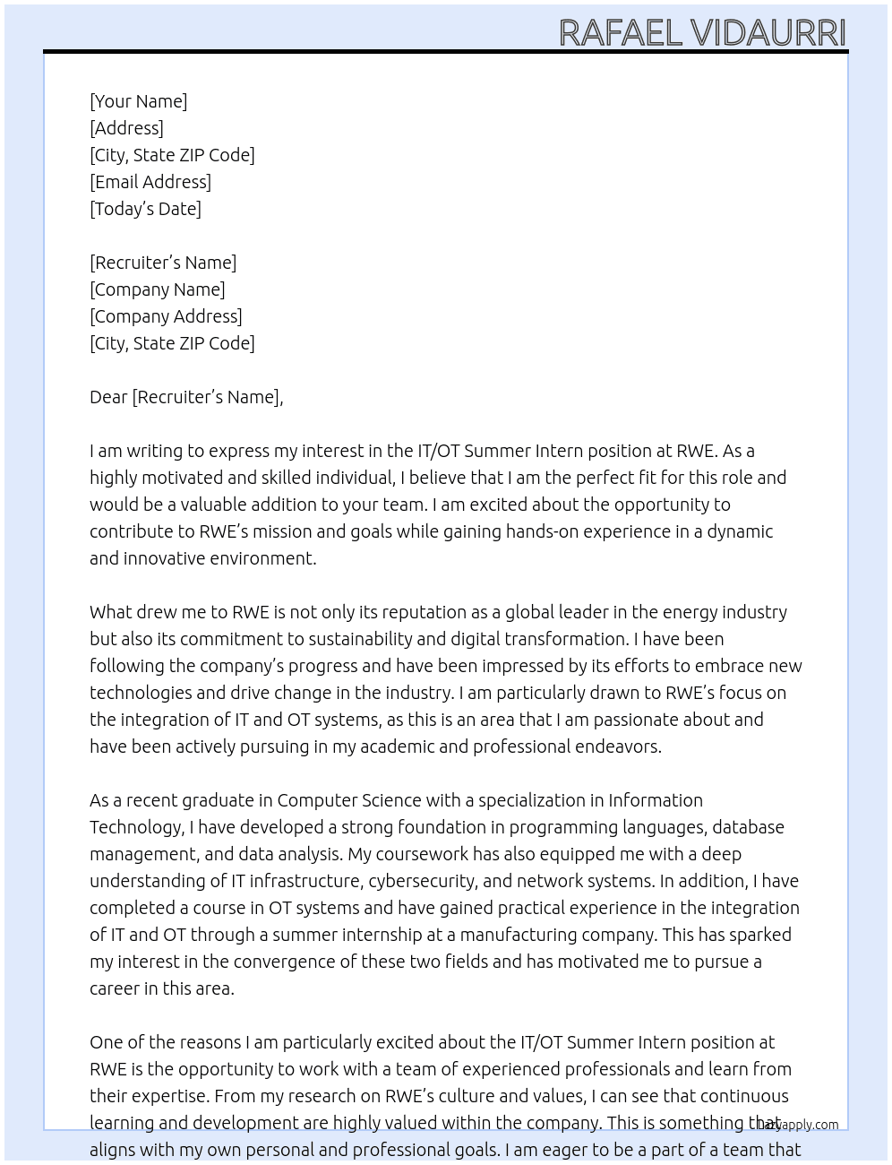 IT / OT Summer Intern At RWE Cover Letter