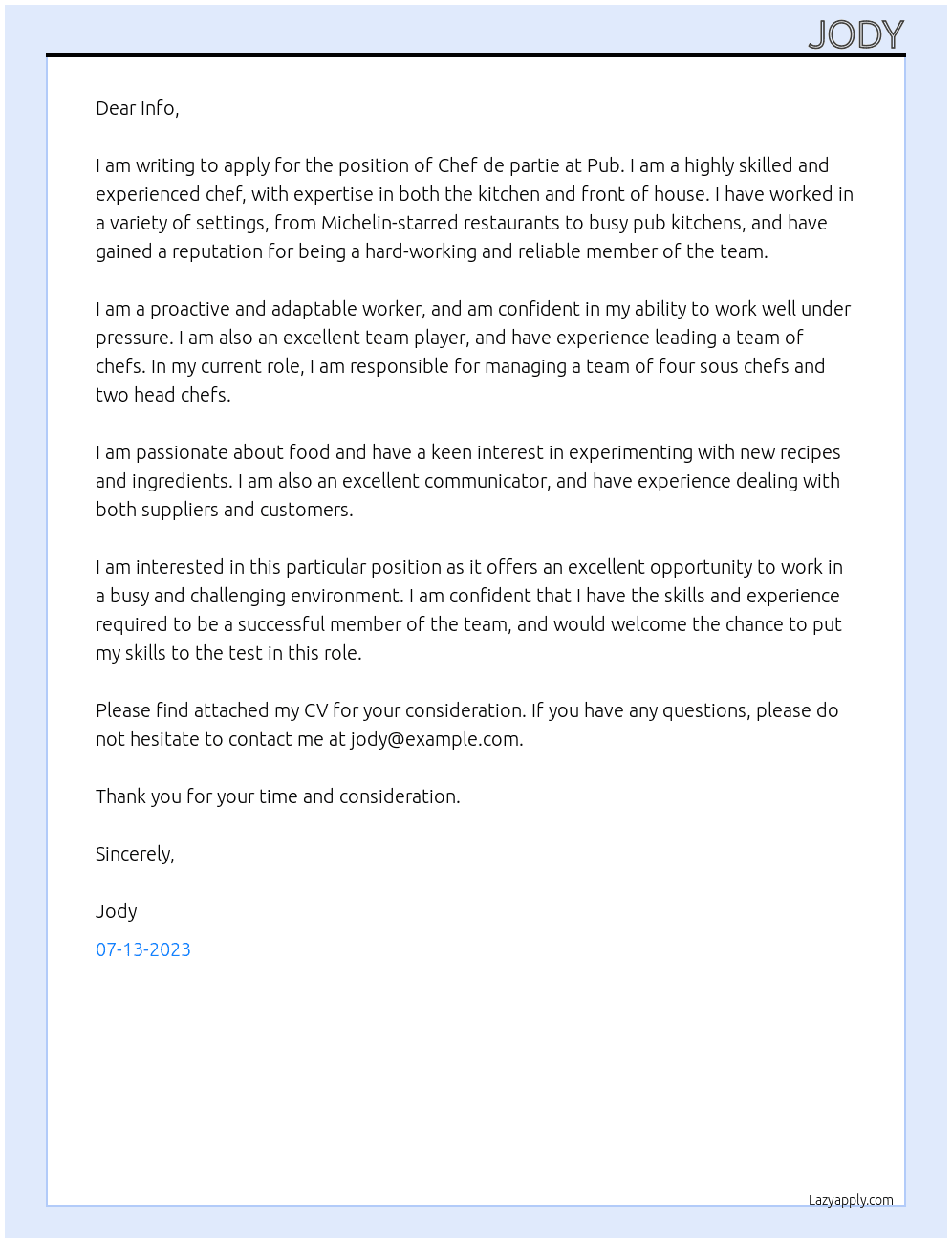Chef At Pub  Cover Letter