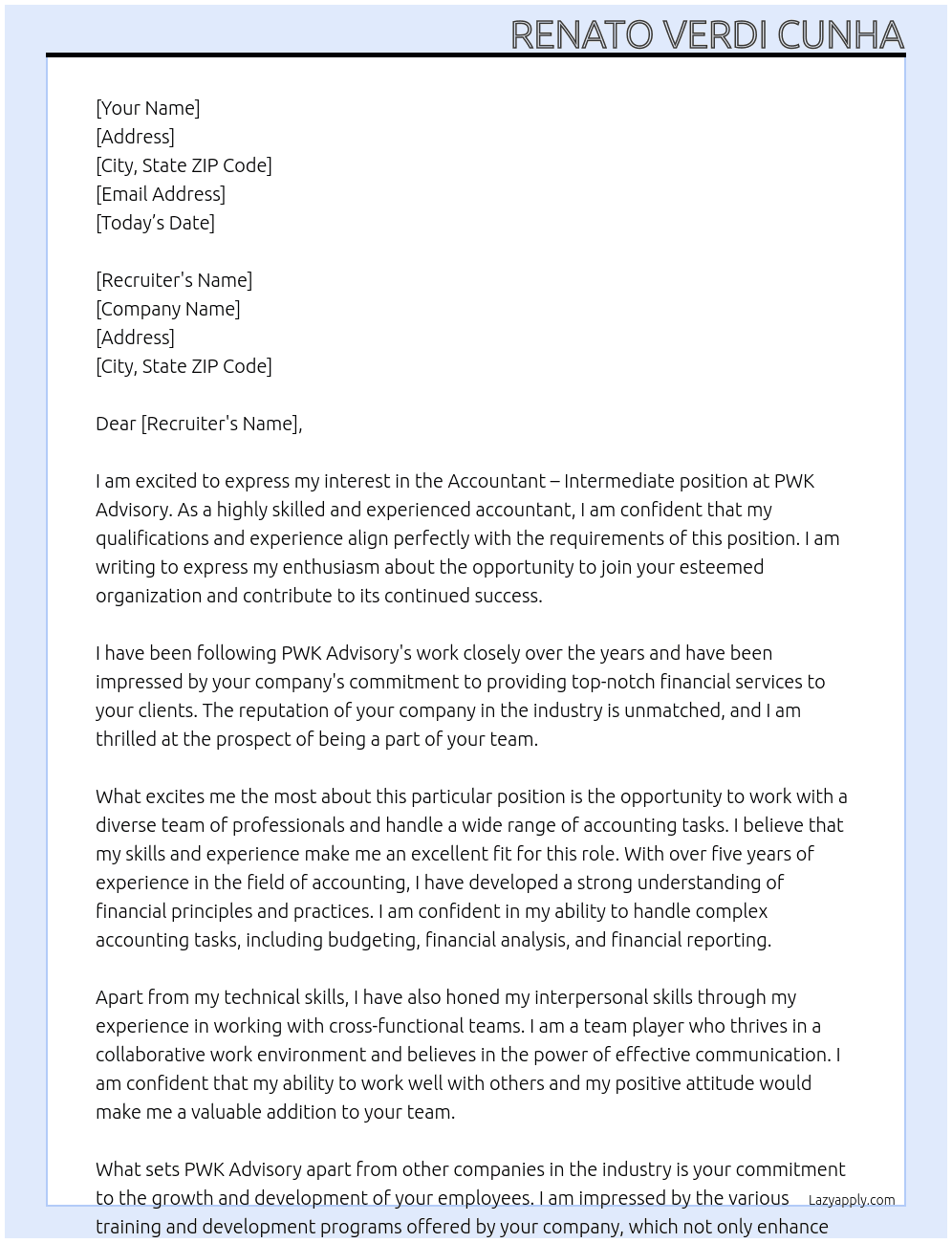 Accountant - Intermediate At PWK Advisory Cover Letter