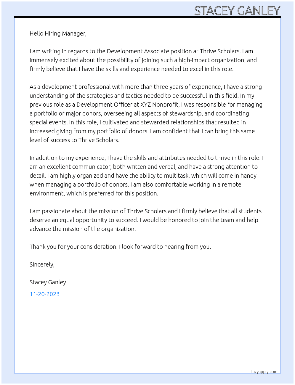 Development Associate At Thrive Scholars Cover Letter
