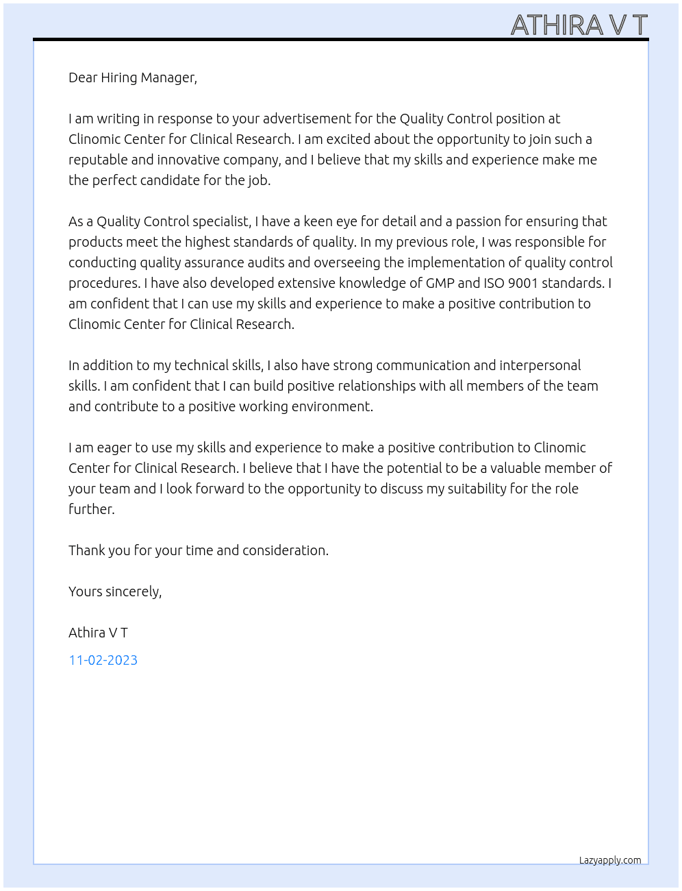 Quality contoller At Clinomic Center for Clinical Research Cover Letter
