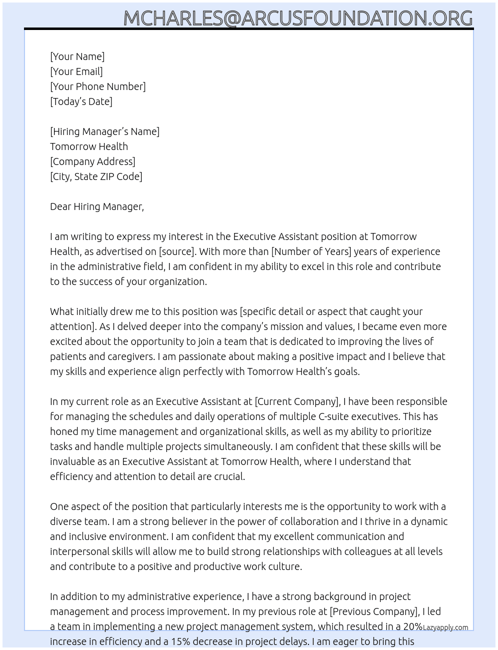 Executive Assistant At Tomorrow Heath Cover Letter