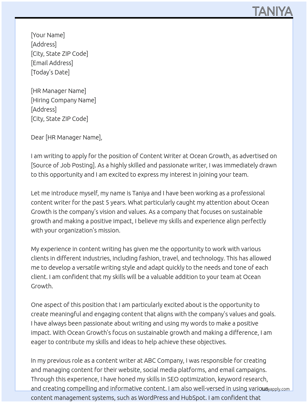 Content writer At Ocean growth  Cover Letter